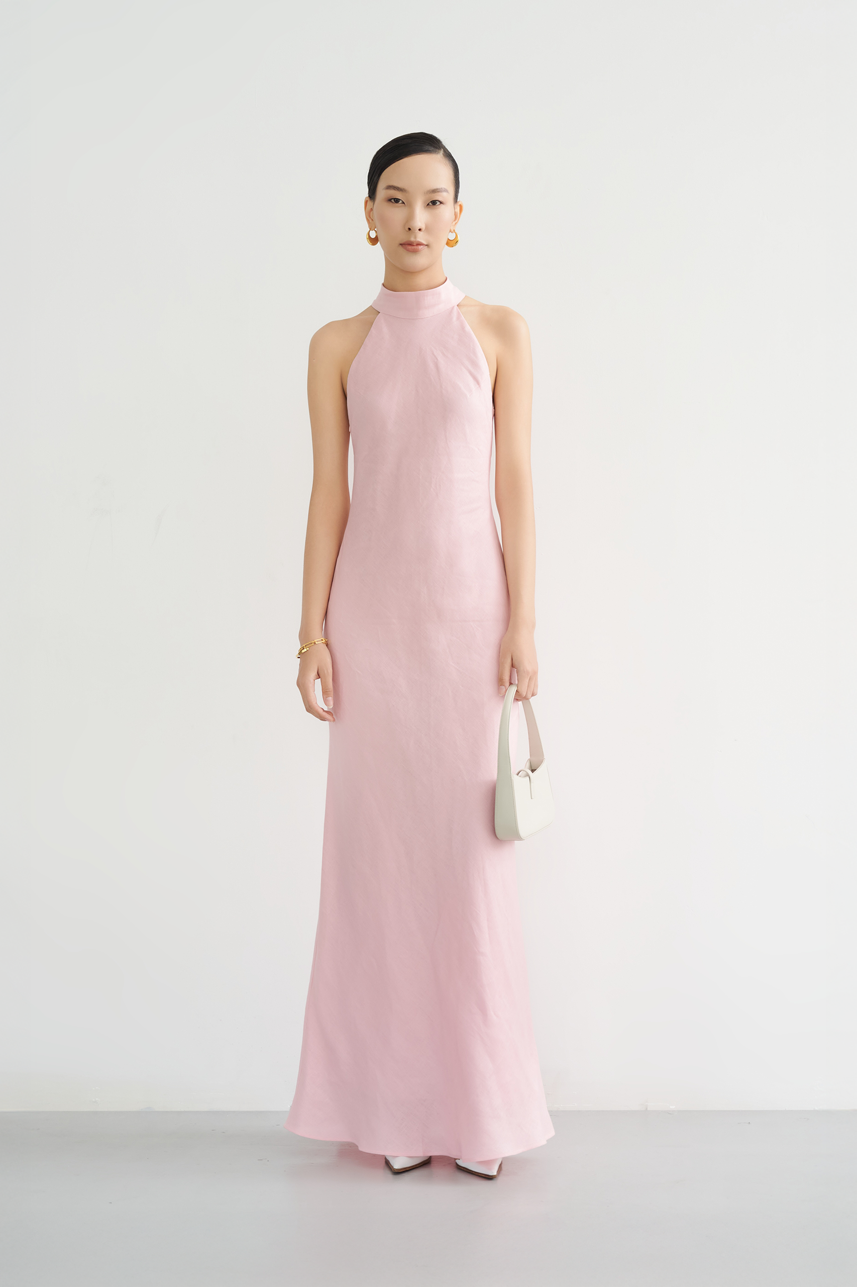 GLORIA HALTERNECK LINEN GOWN - Baby Pink