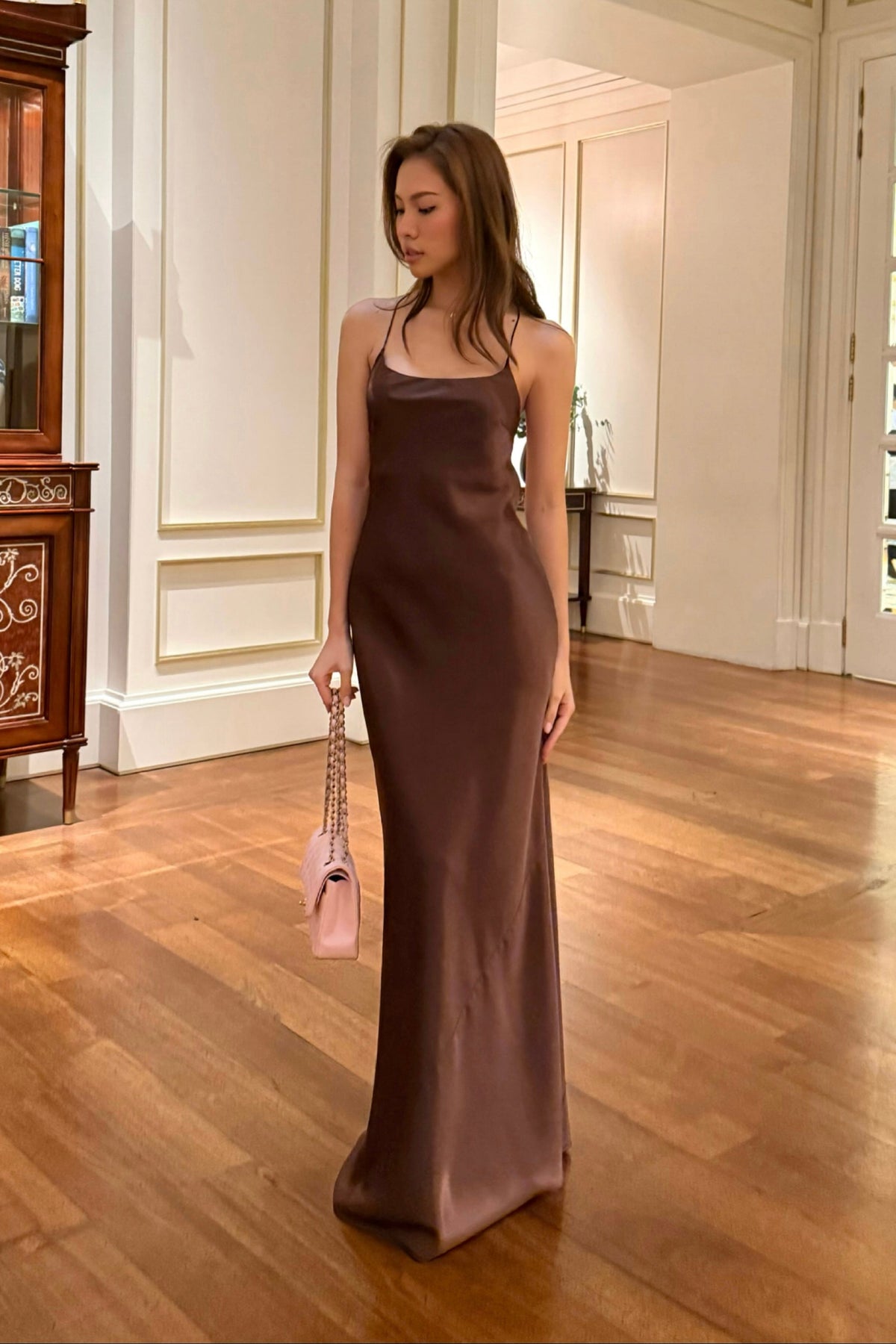 AMBER BACK-TIE SATIN GOWN - CHOCOLATE