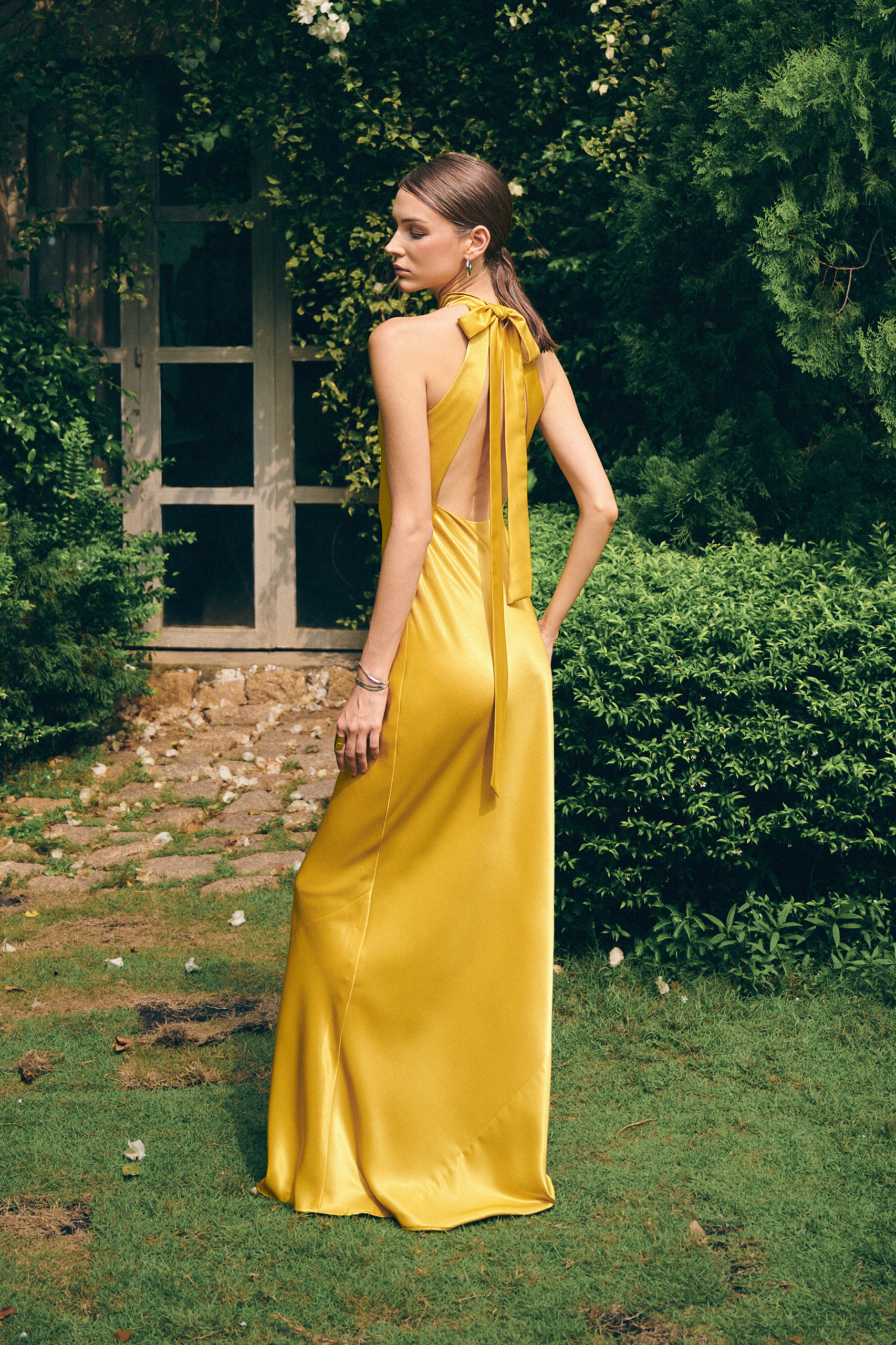 GLORIA HALTERNECK SATIN GOWN - Azalea Gold