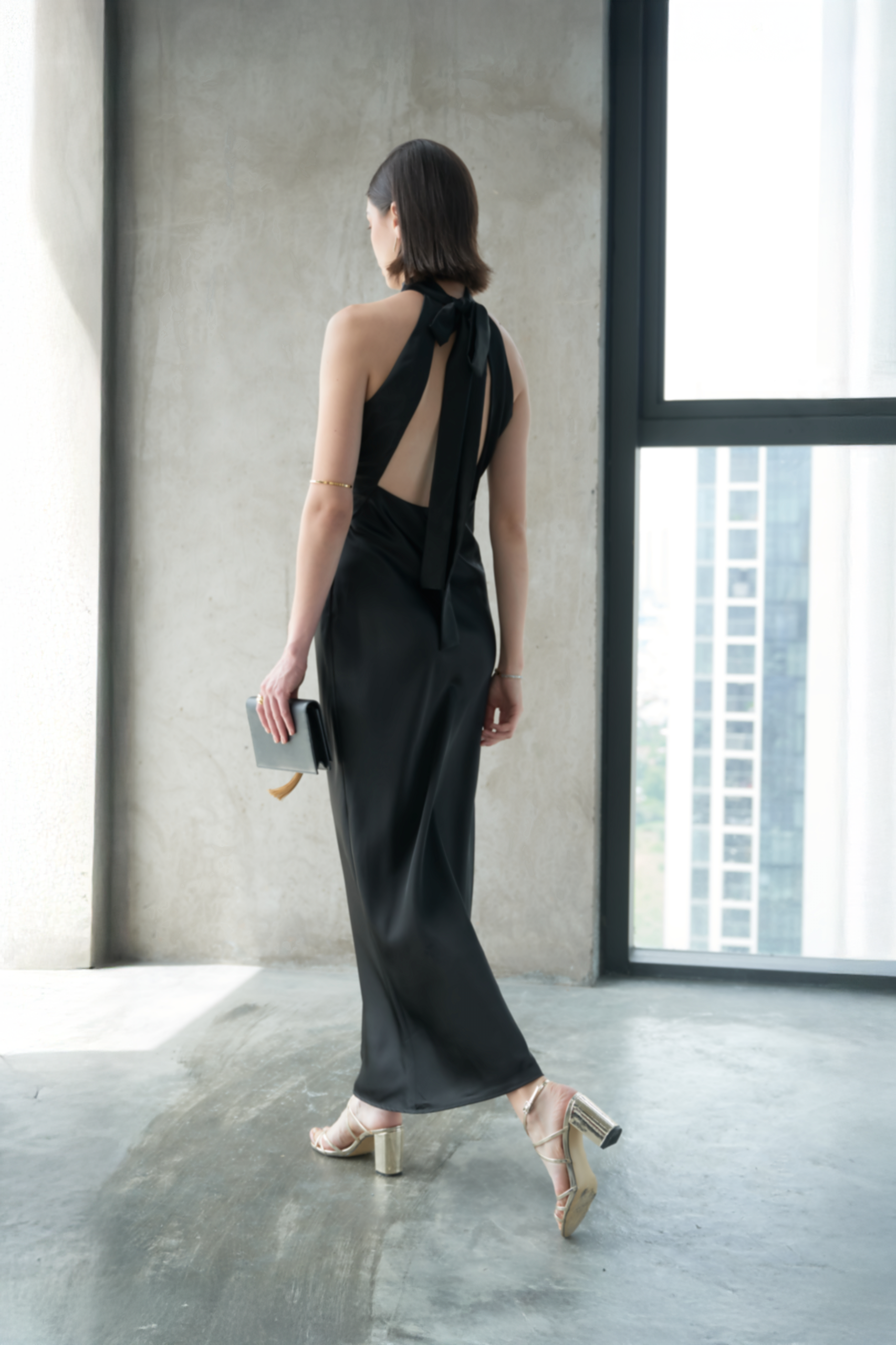 HALTERNECK OPEN-BACK SILK DRESS - BLACK