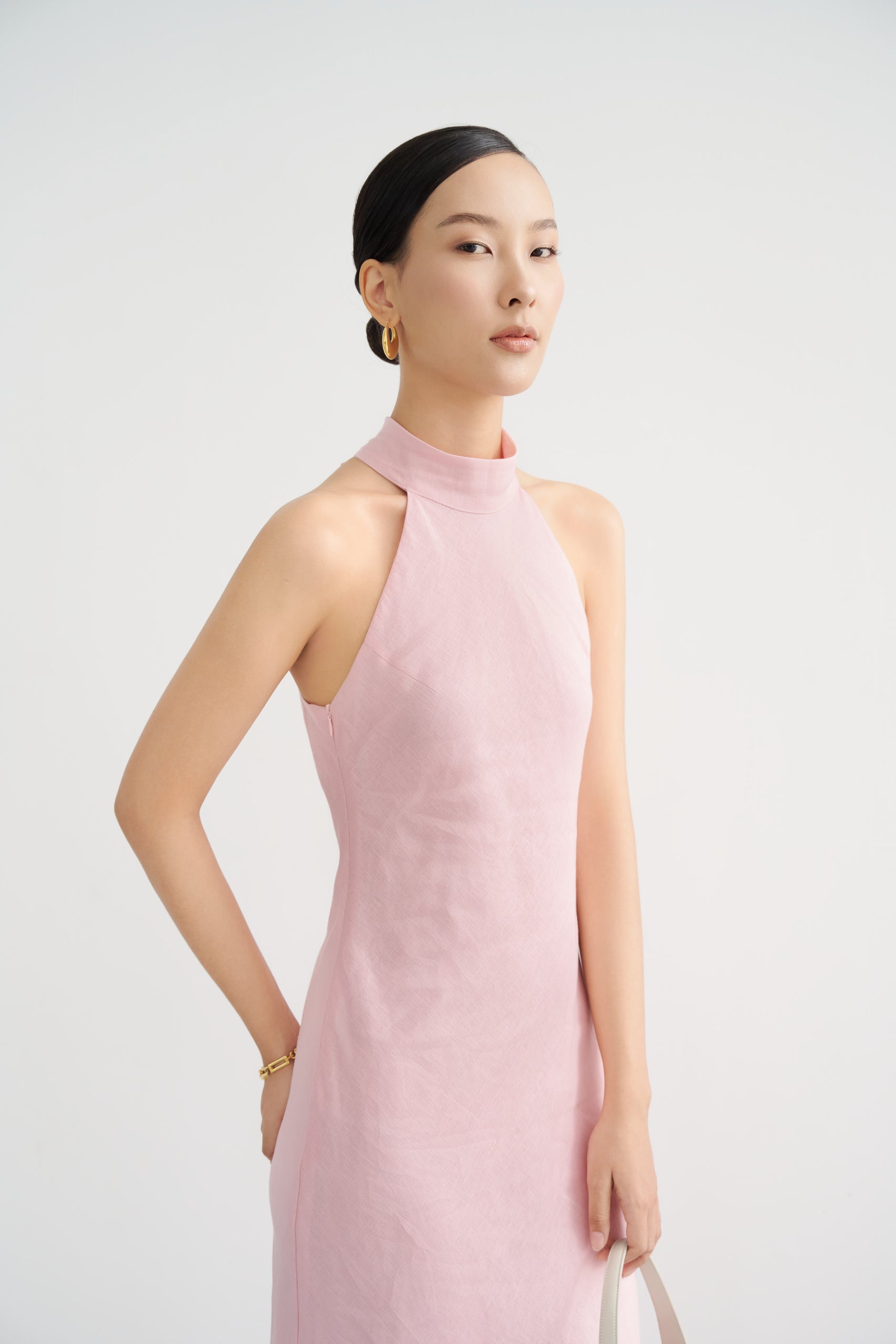 GLORIA HALTERNECK LINEN GOWN - Baby Pink