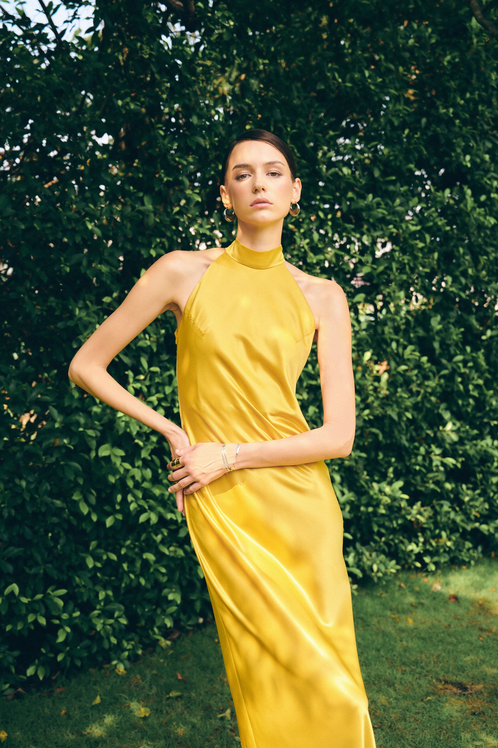 GLORIA HALTERNECK SATIN GOWN - Azalea Gold