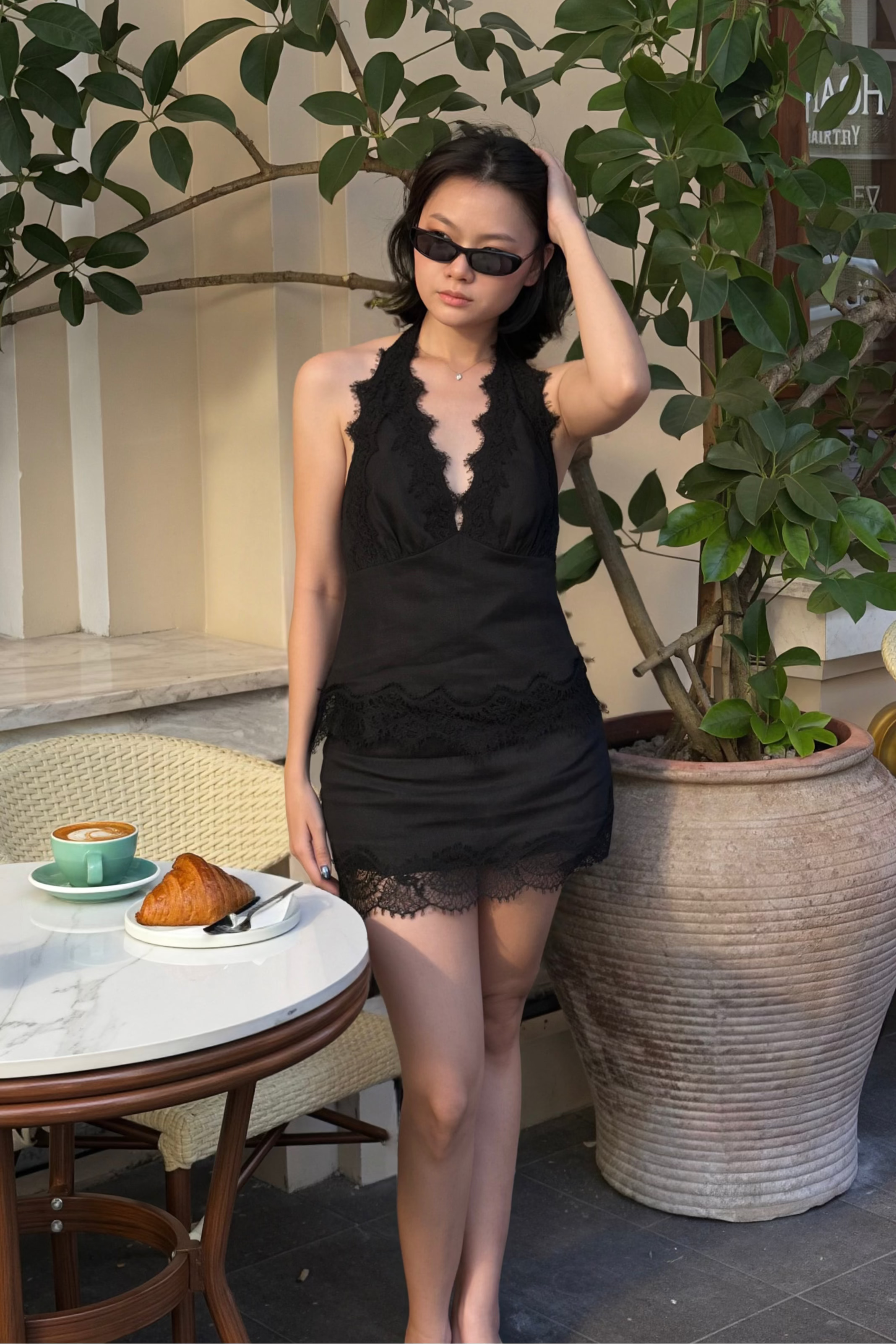MAISIE LACE LINEN MINI SKIRT - BLACK