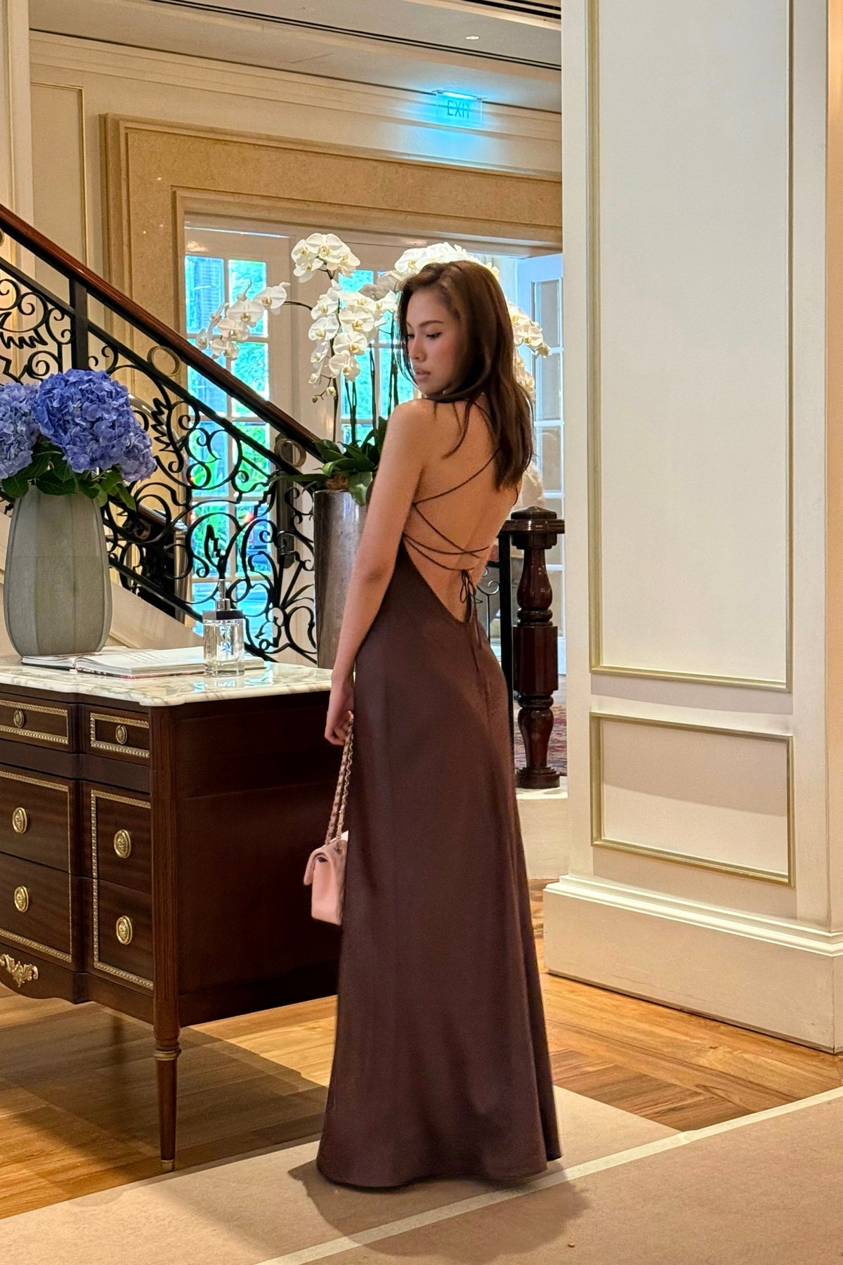 AMBER BACK-TIE SATIN GOWN - CHOCOLATE