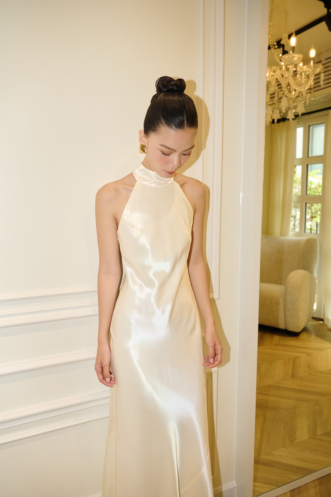 GLORIA HALTERNECK SATIN GOWN - CREAM
