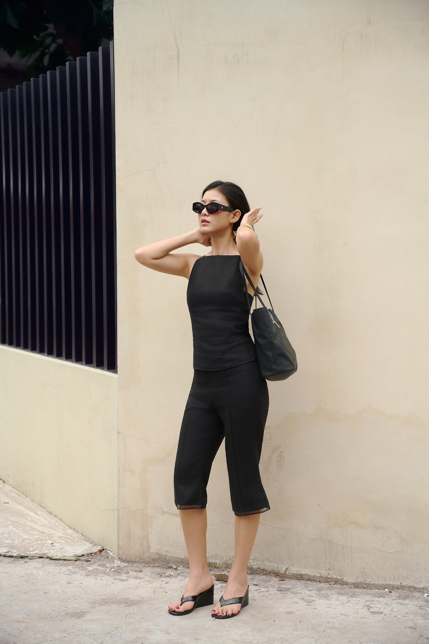 CAPRI LACE LINEN PANTS - BLACK