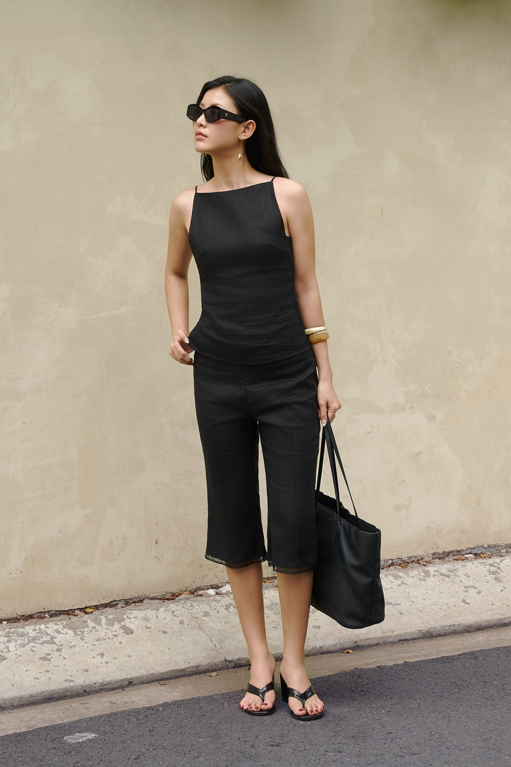 CAPRI LACE LINEN PANTS - BLACK
