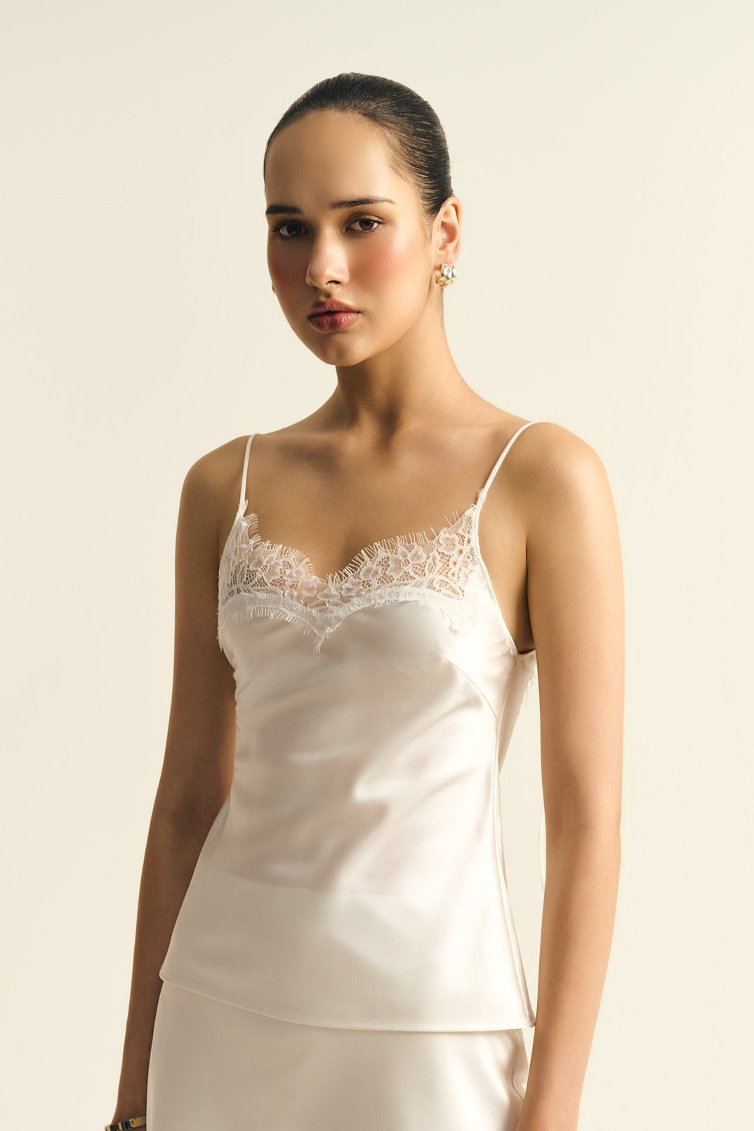 BELLE LACE SATIN TOP - WHITE