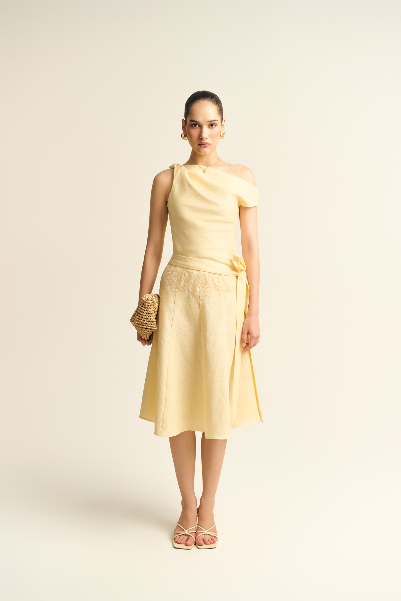 LACE LINEN LOOSE MIDI SKIRT - BUTTER YELLOW