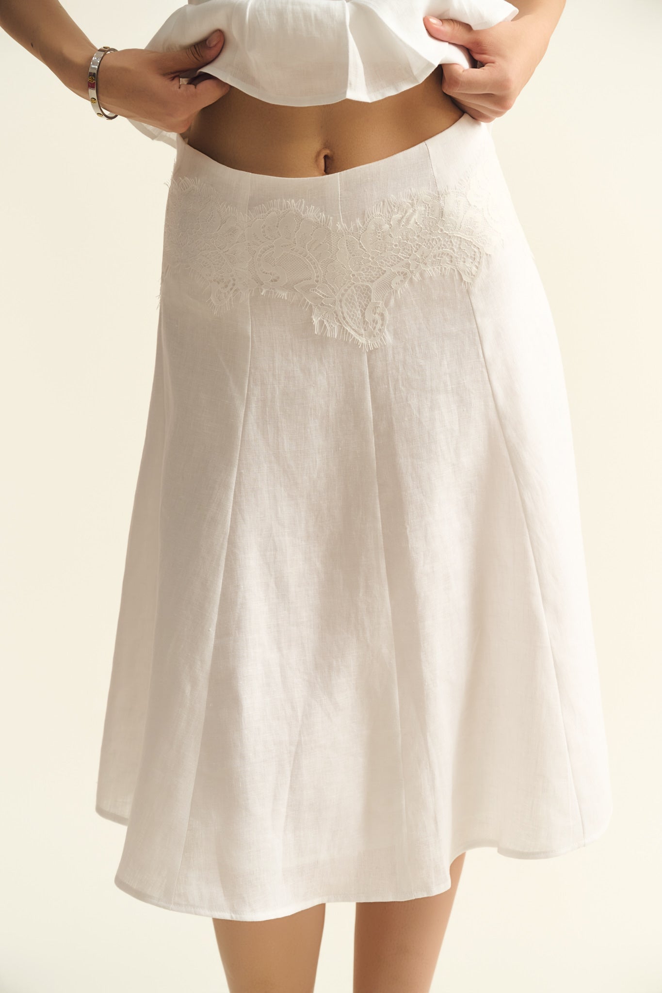 LACE LINEN LOOSE MIDI SKIRT - WHITE