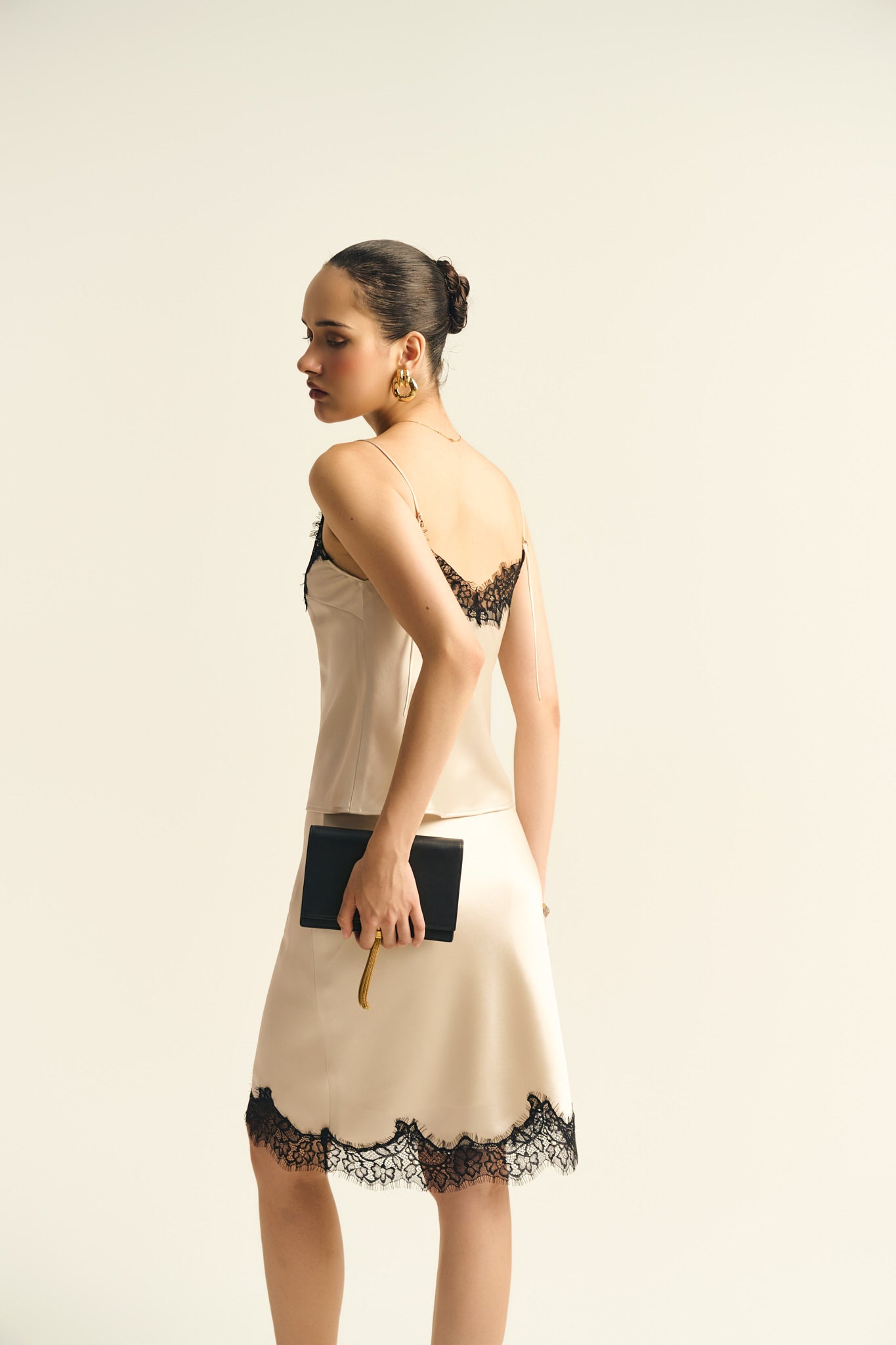 LACE SATIN MIDI SKIRT - BEIGE
