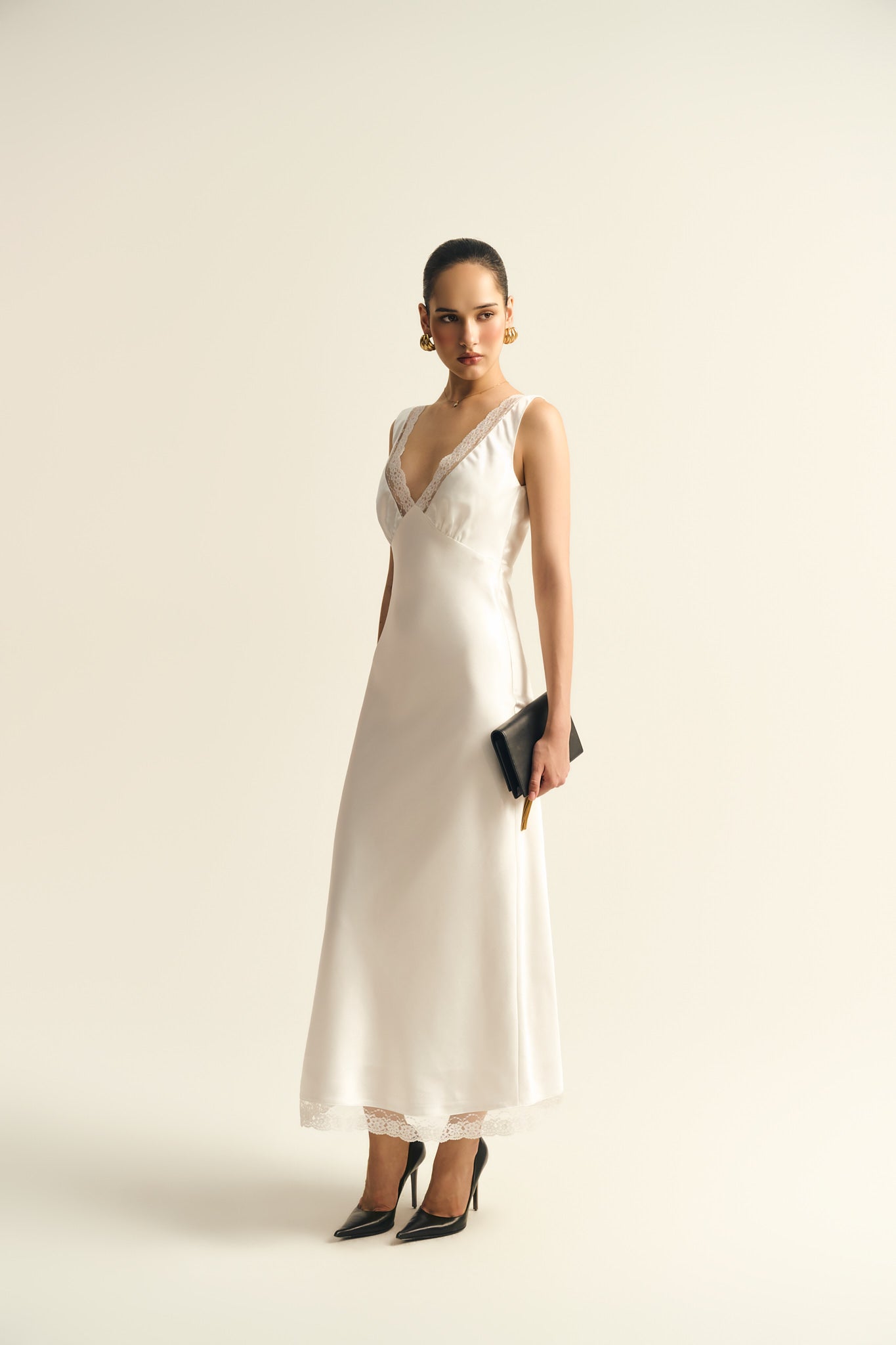 MAISIE LACE SATIN DRESS - WHITE