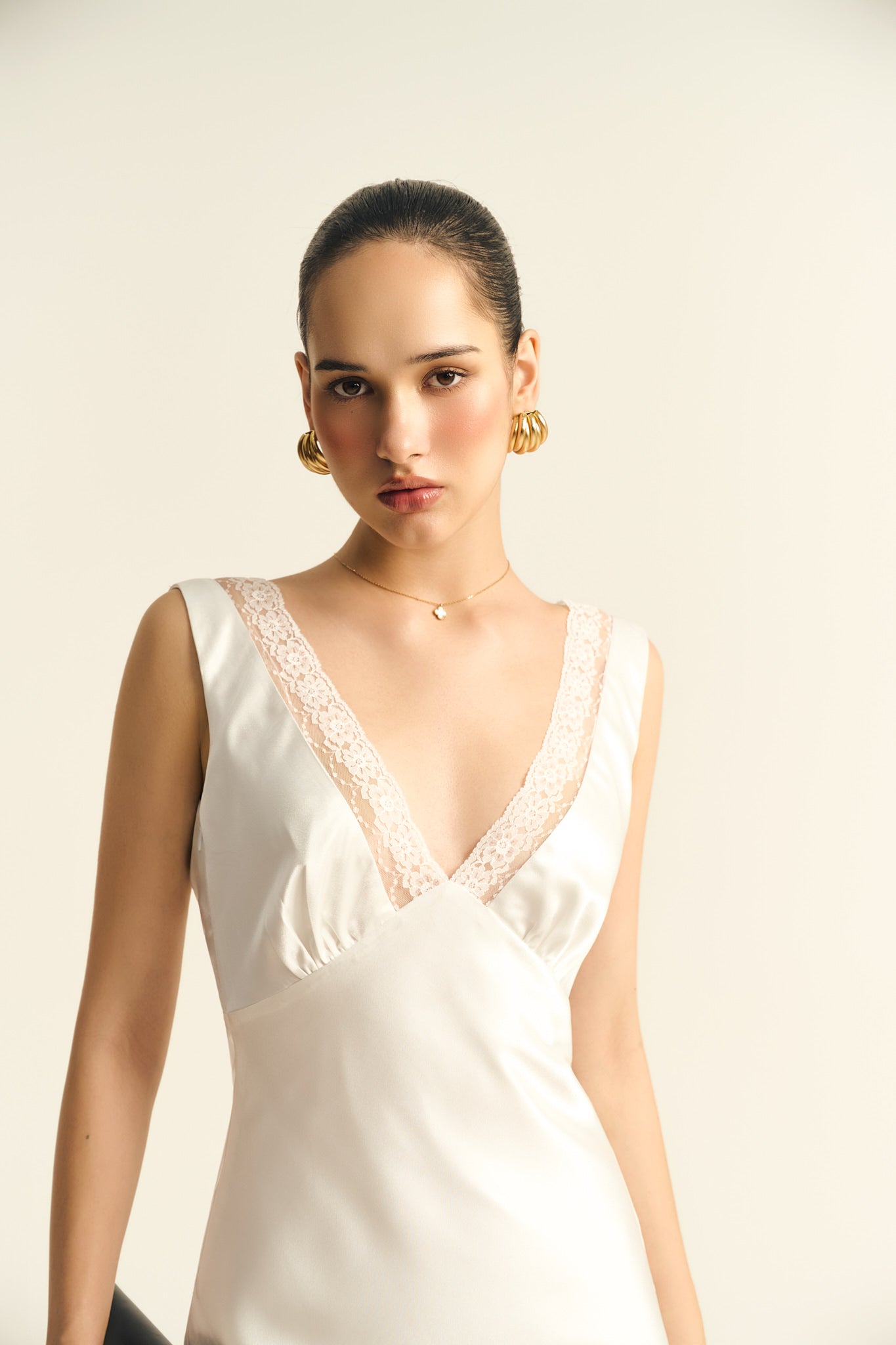MAISIE LACE SATIN DRESS - WHITE
