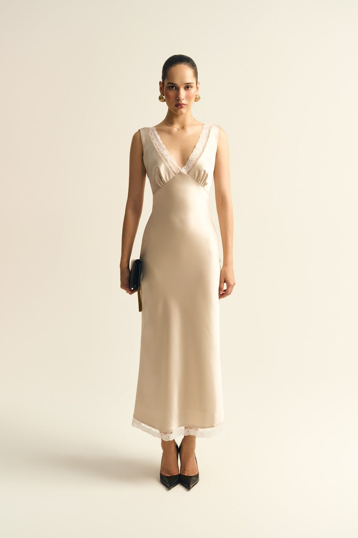 MAISIE LACE SATIN DRESS - BEIGE