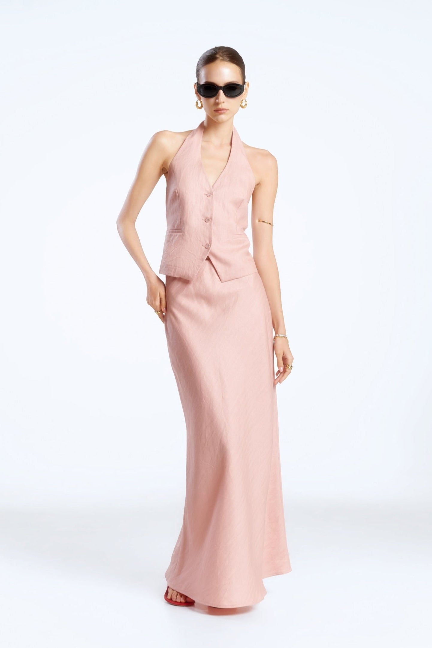HALTERNECK LINEN DEMI-VEST - COTTON PINK