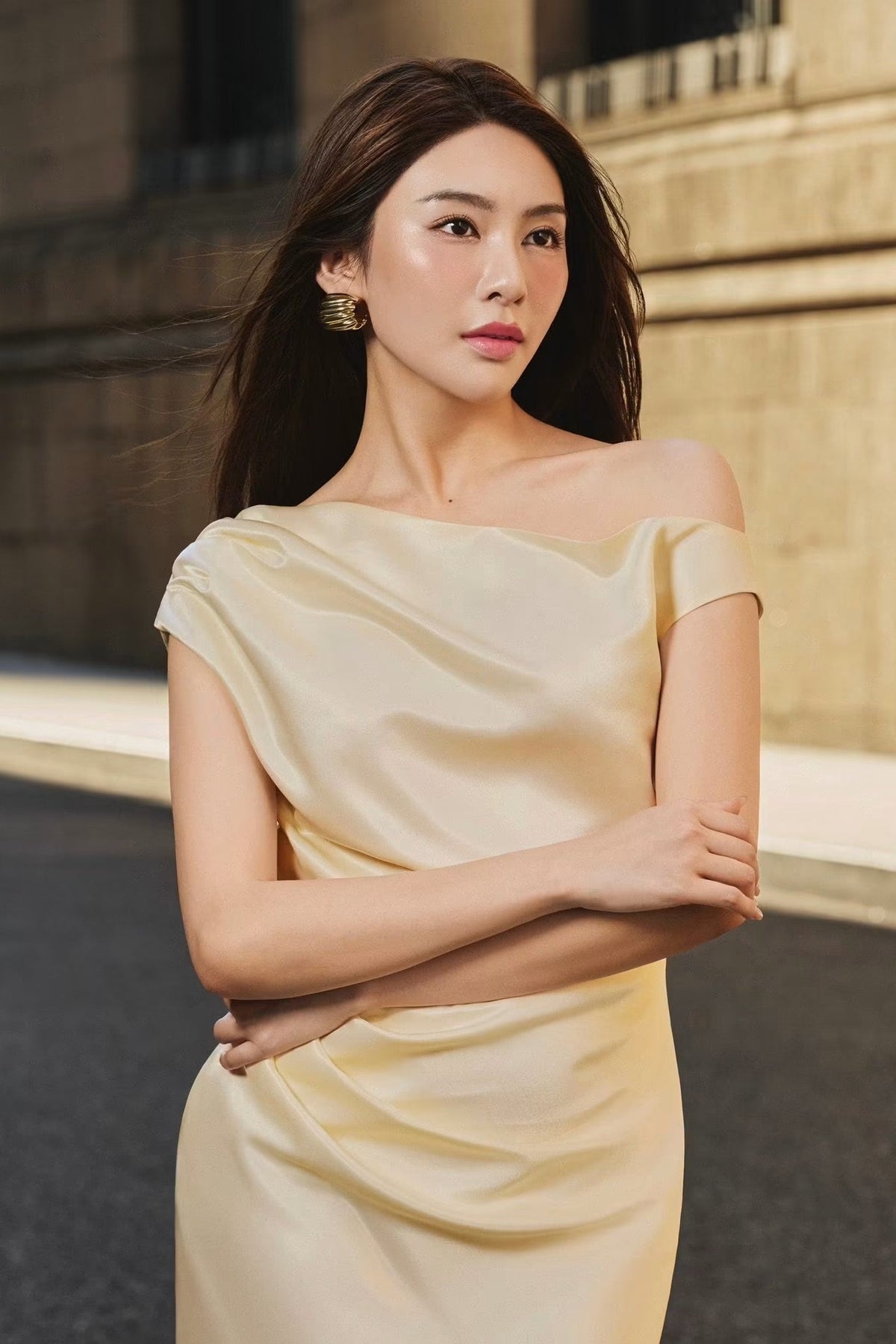 VIVIAN DRAPED SATIN GOWN - YELLOW SAPPHIRE