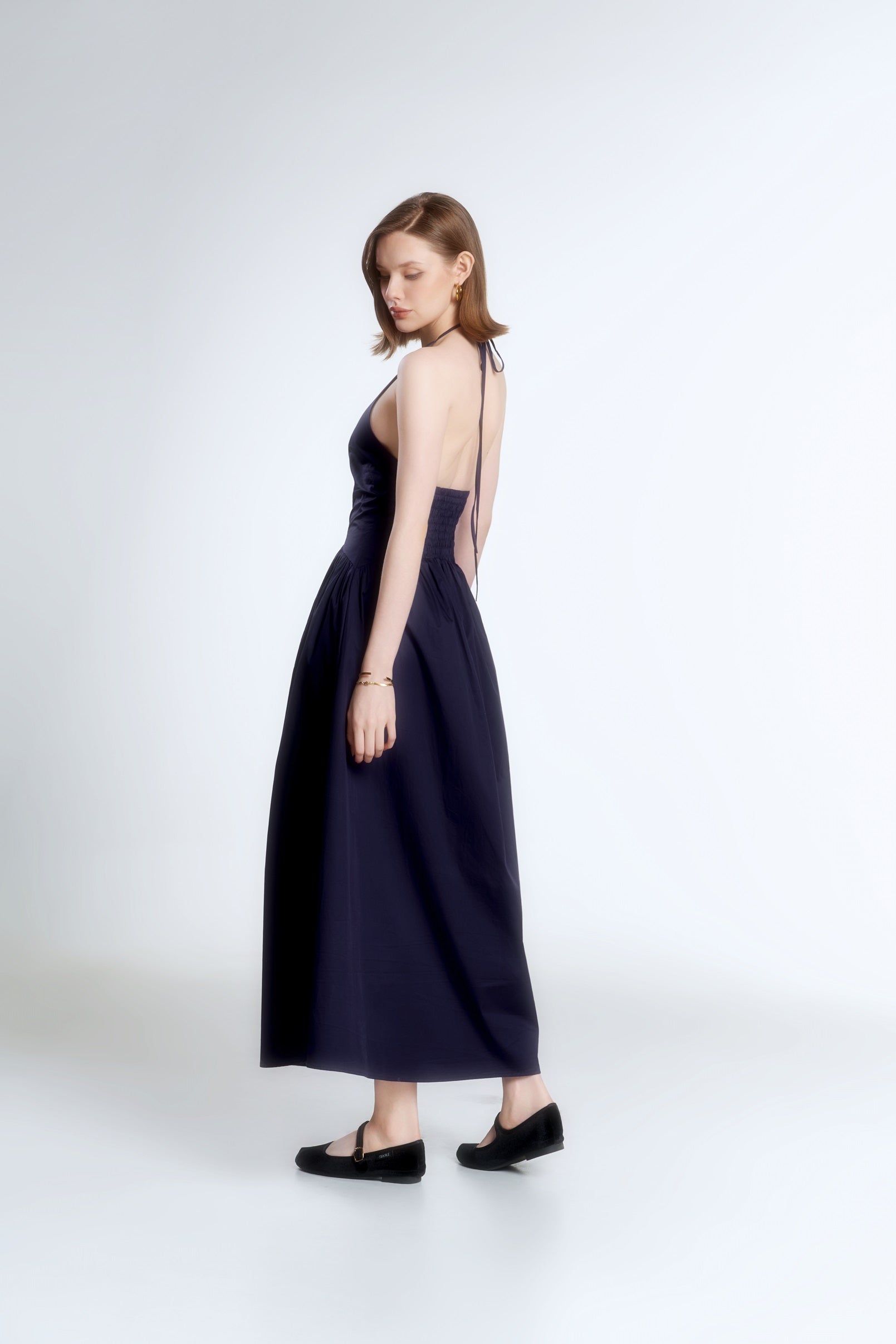 JASMINE HALTERNECK POPLIN DRESS - NAVY