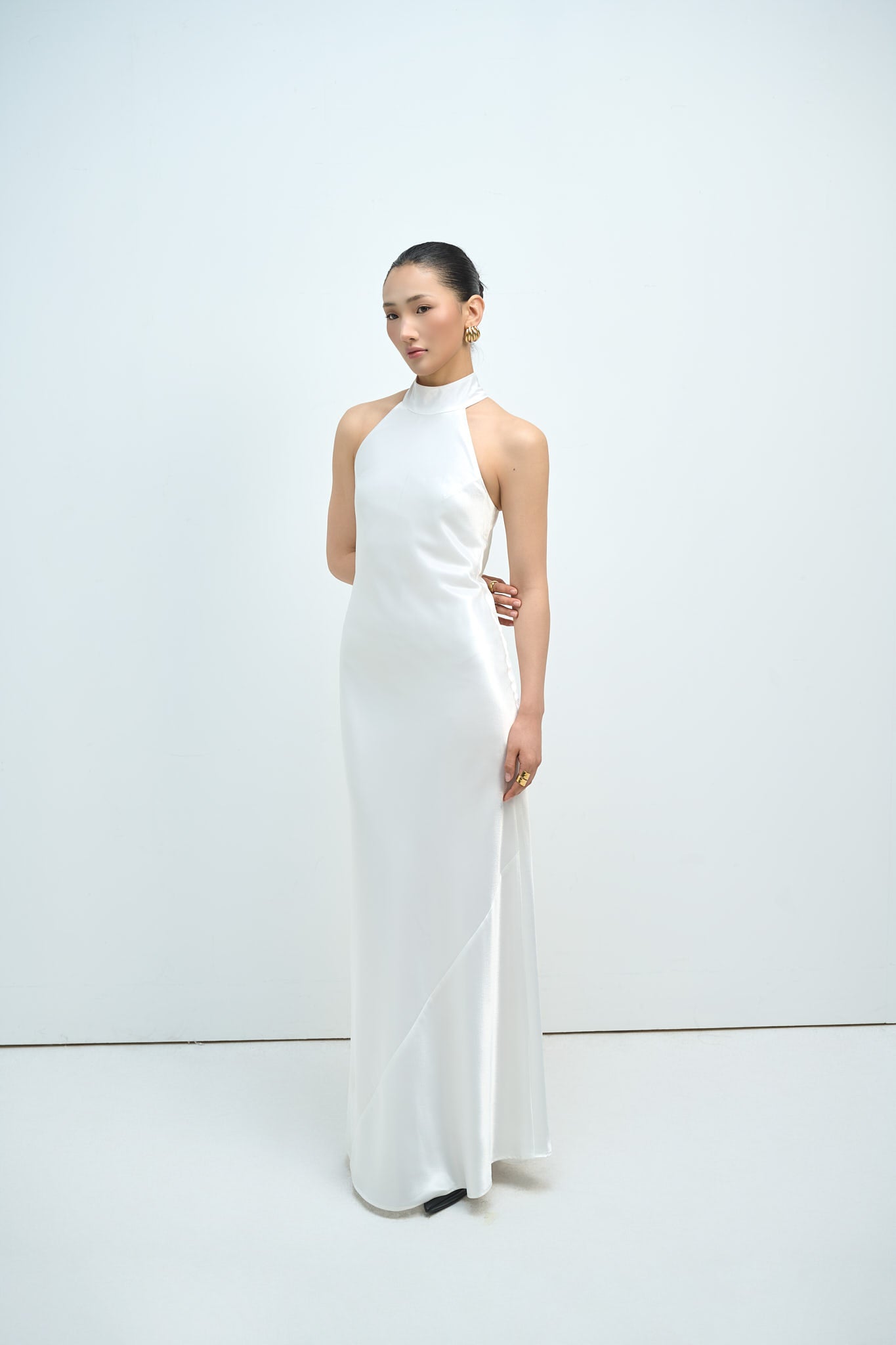 GLORIA HALTERNECK SATIN GOWN - WHITE