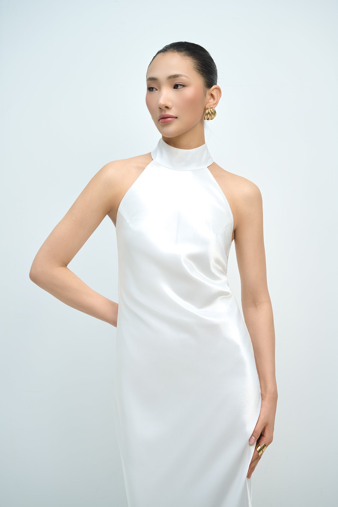 GLORIA HALTERNECK SATIN GOWN - WHITE