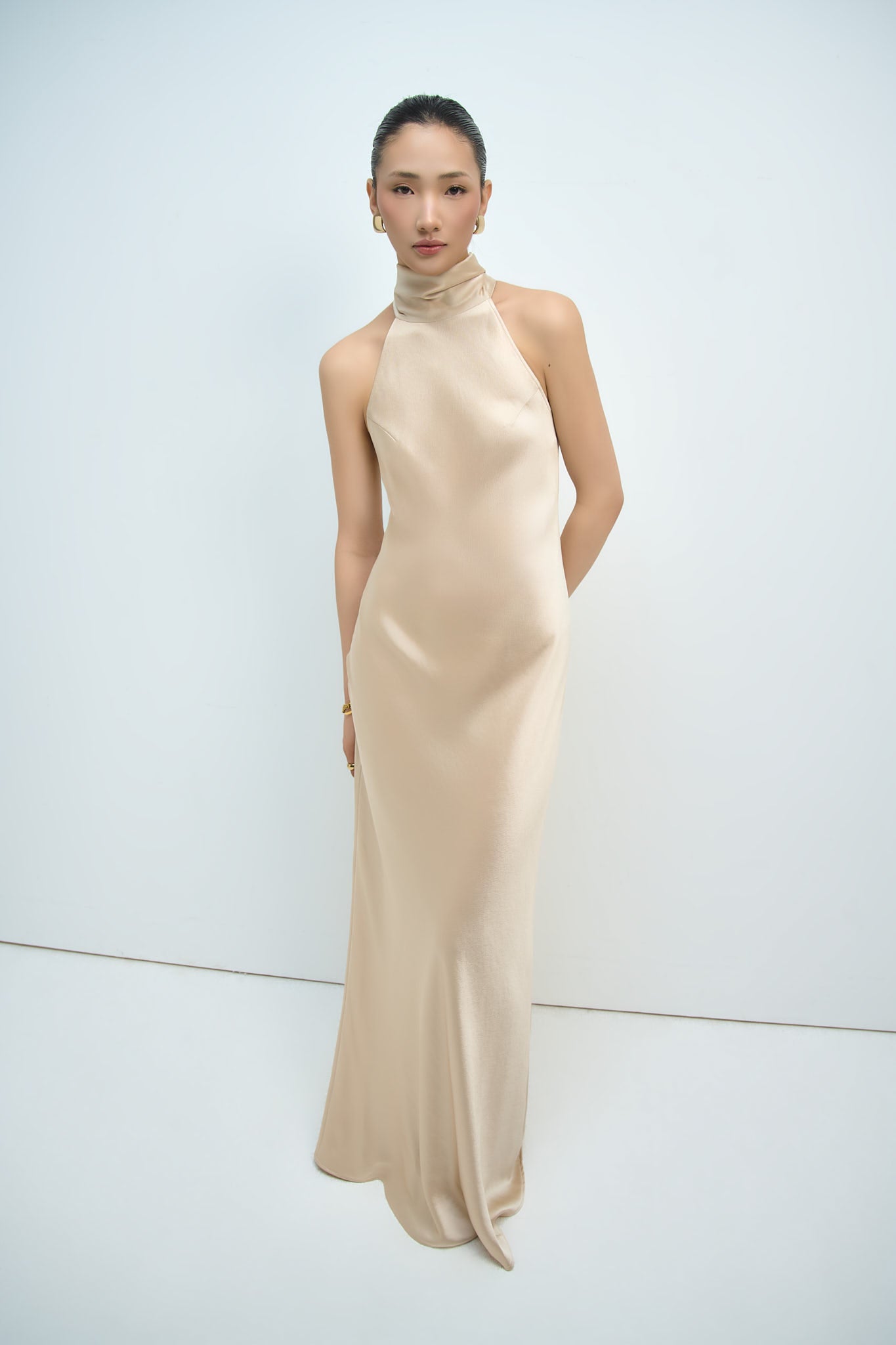 GLORIA HALTERNECK SATIN GOWN - CHAMPAIGNE (PREMIUM LINE)