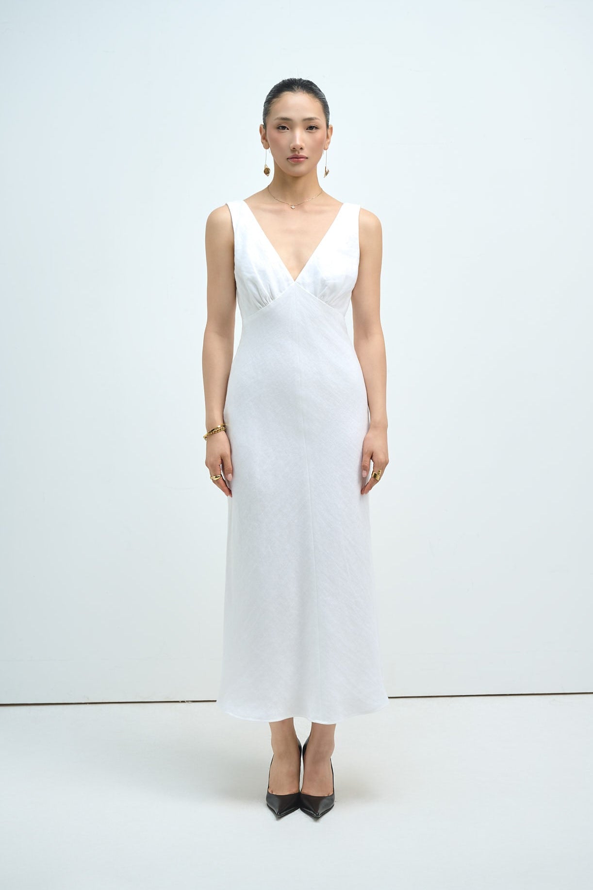 MAISIE LINEN MIDI DRESS - WHITE