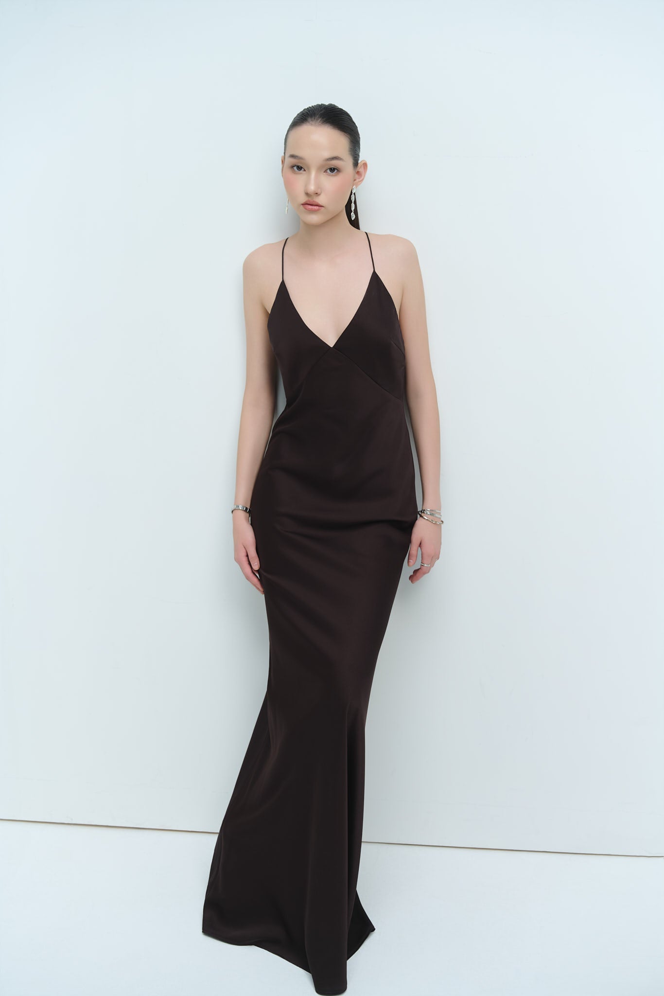 EVELYN CAMI SATIN DRESS - DARK BROWN