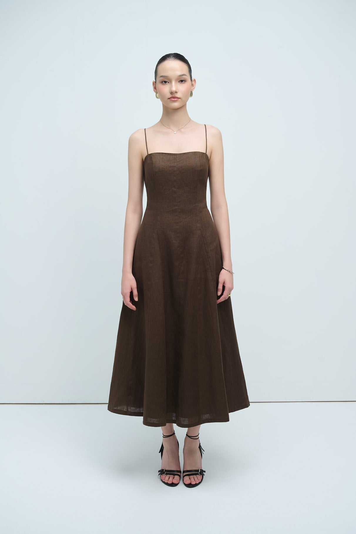 EMMA LINEN MIDI DRESS - BROWN