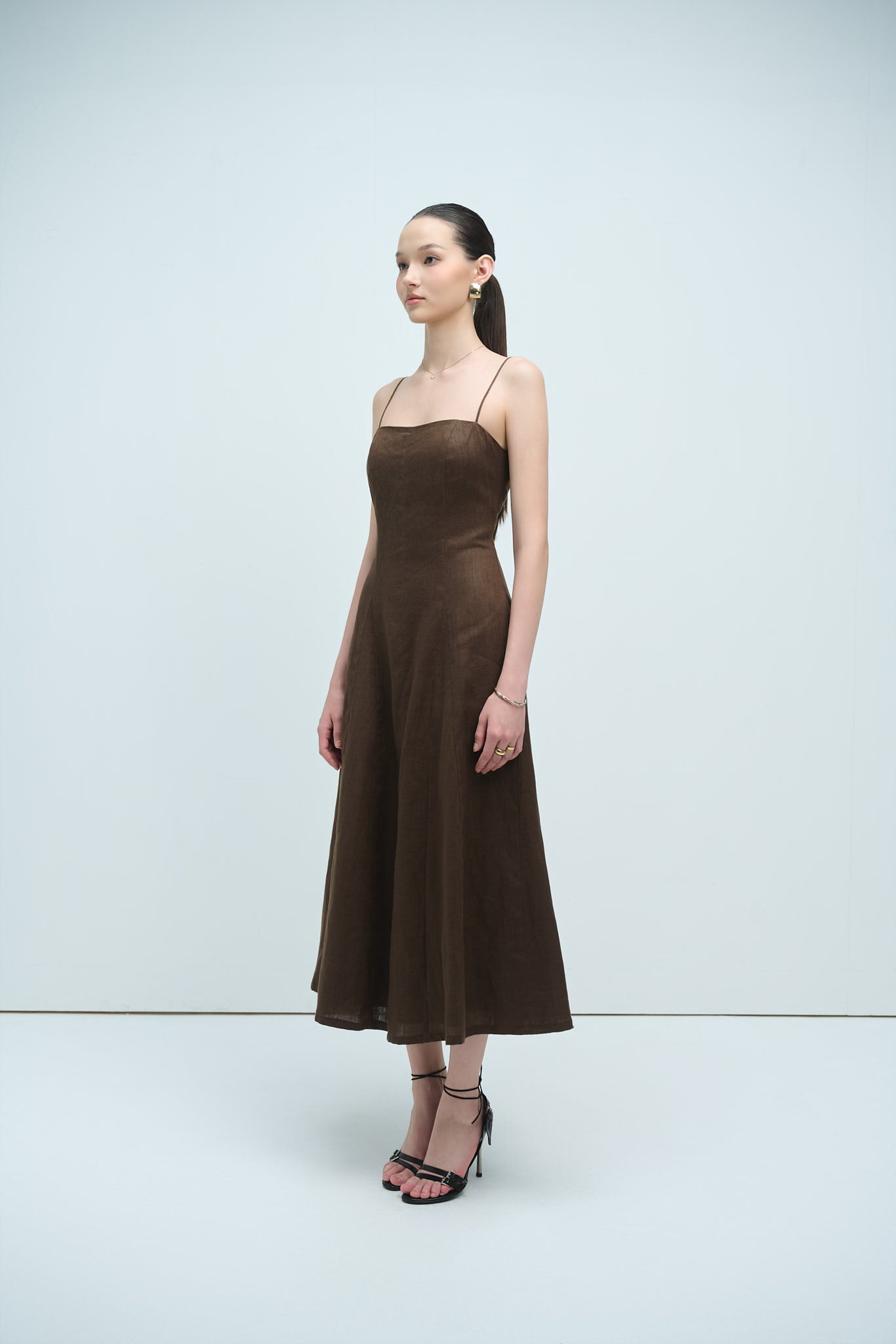 EMMA LINEN MIDI DRESS - BROWN