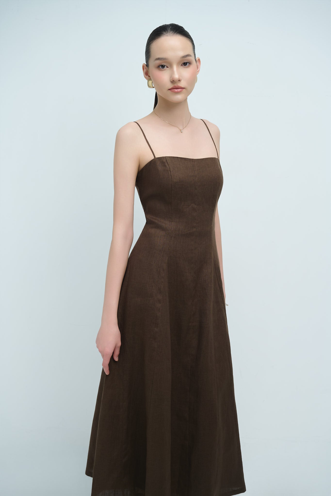 EMMA LINEN MIDI DRESS - BROWN