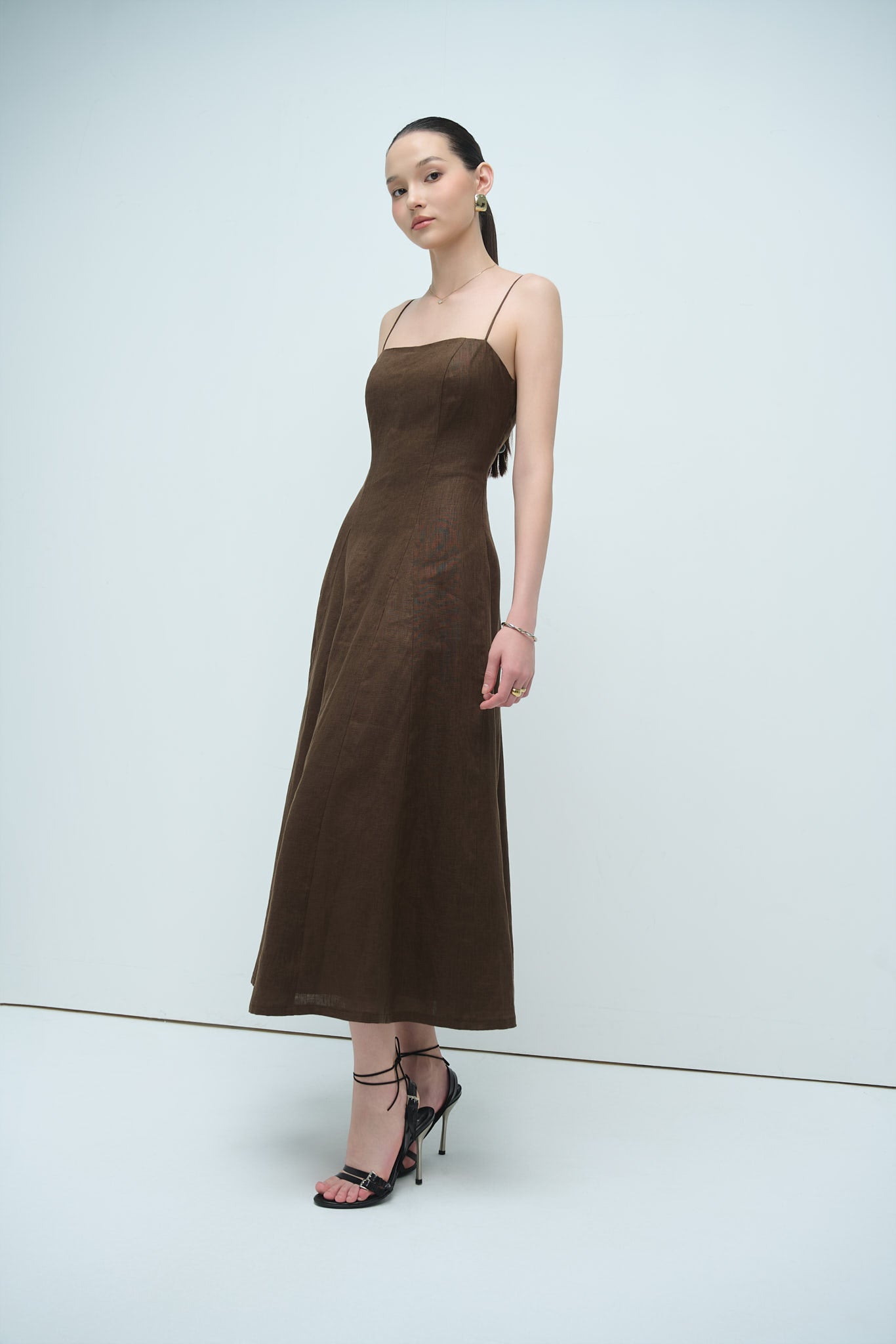 EMMA LINEN MIDI DRESS - BROWN