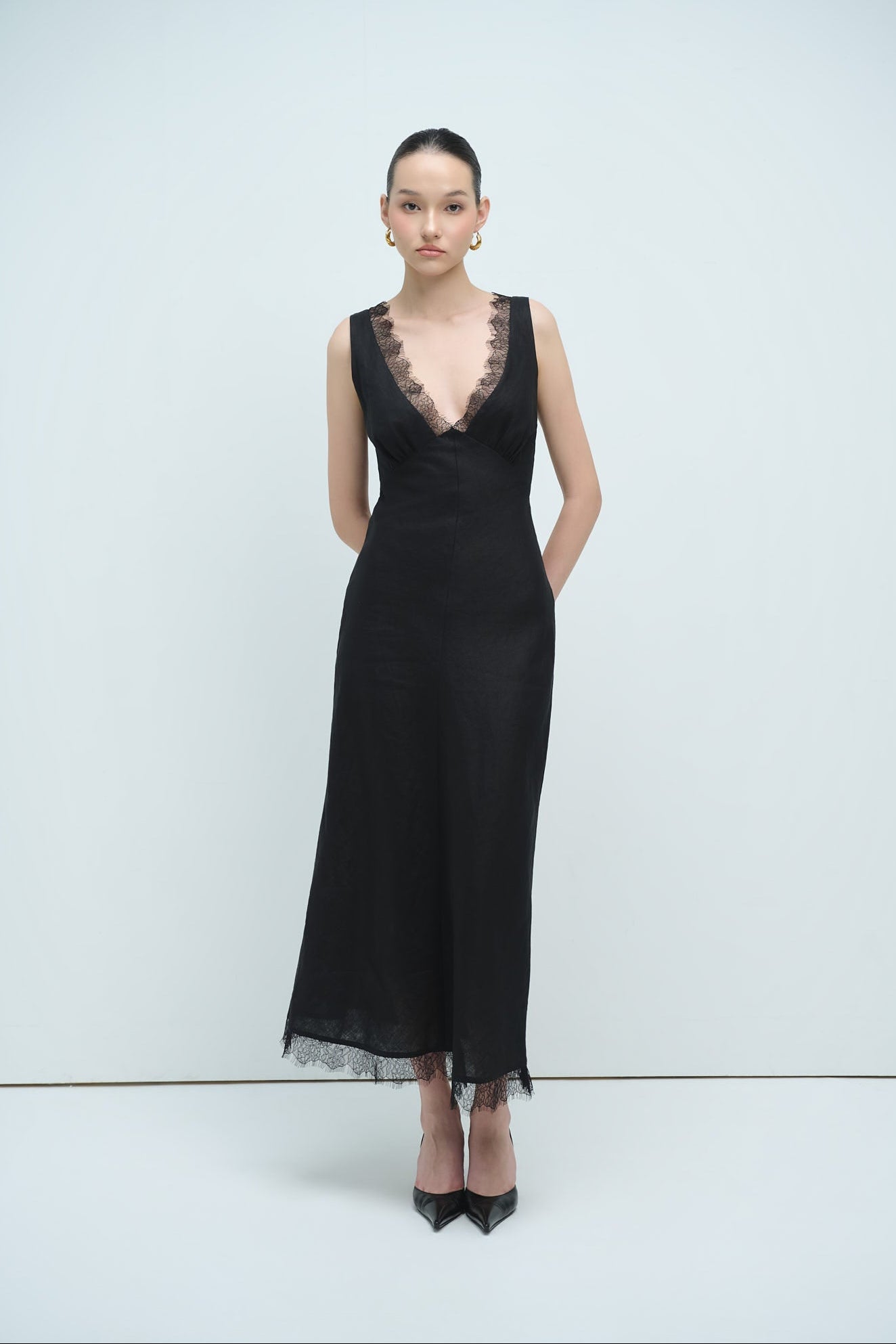 black linen dress with sleeves Maisie Lace Linen Dress