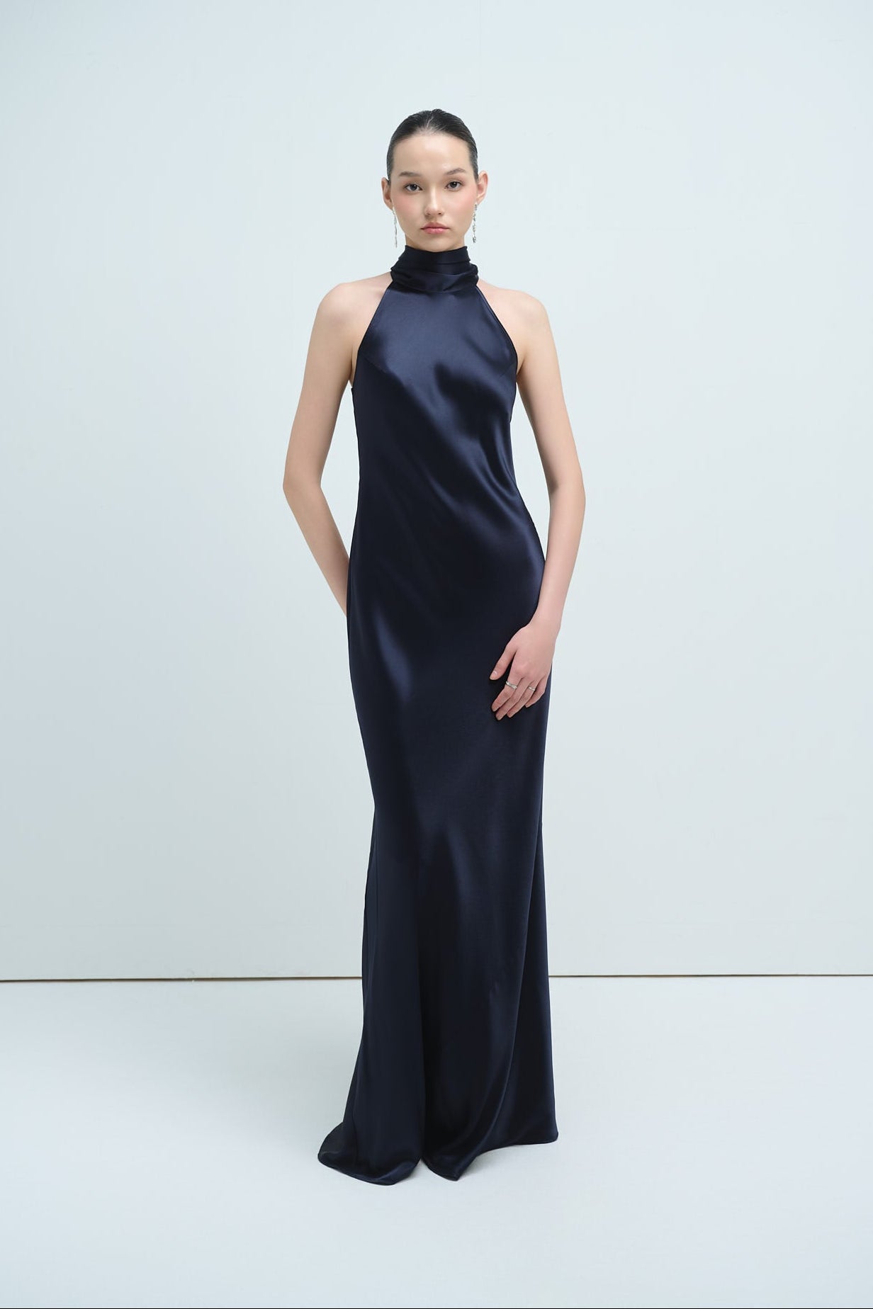 GLORIA HALTERNECK SATIN GOWN - NAVY (PREMIUM LINE)