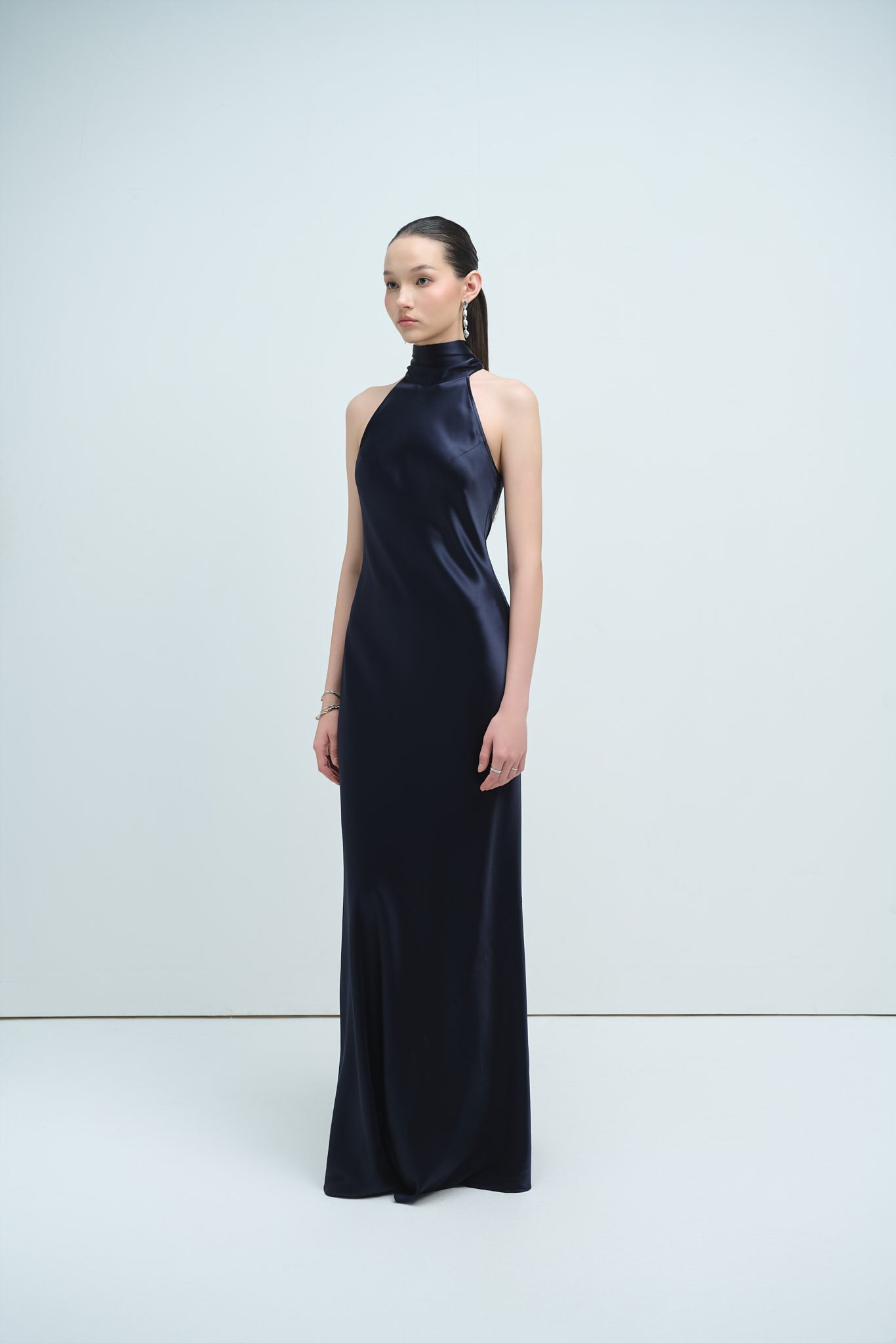 GLORIA HALTERNECK SATIN GOWN - NAVY (PREMIUM LINE)