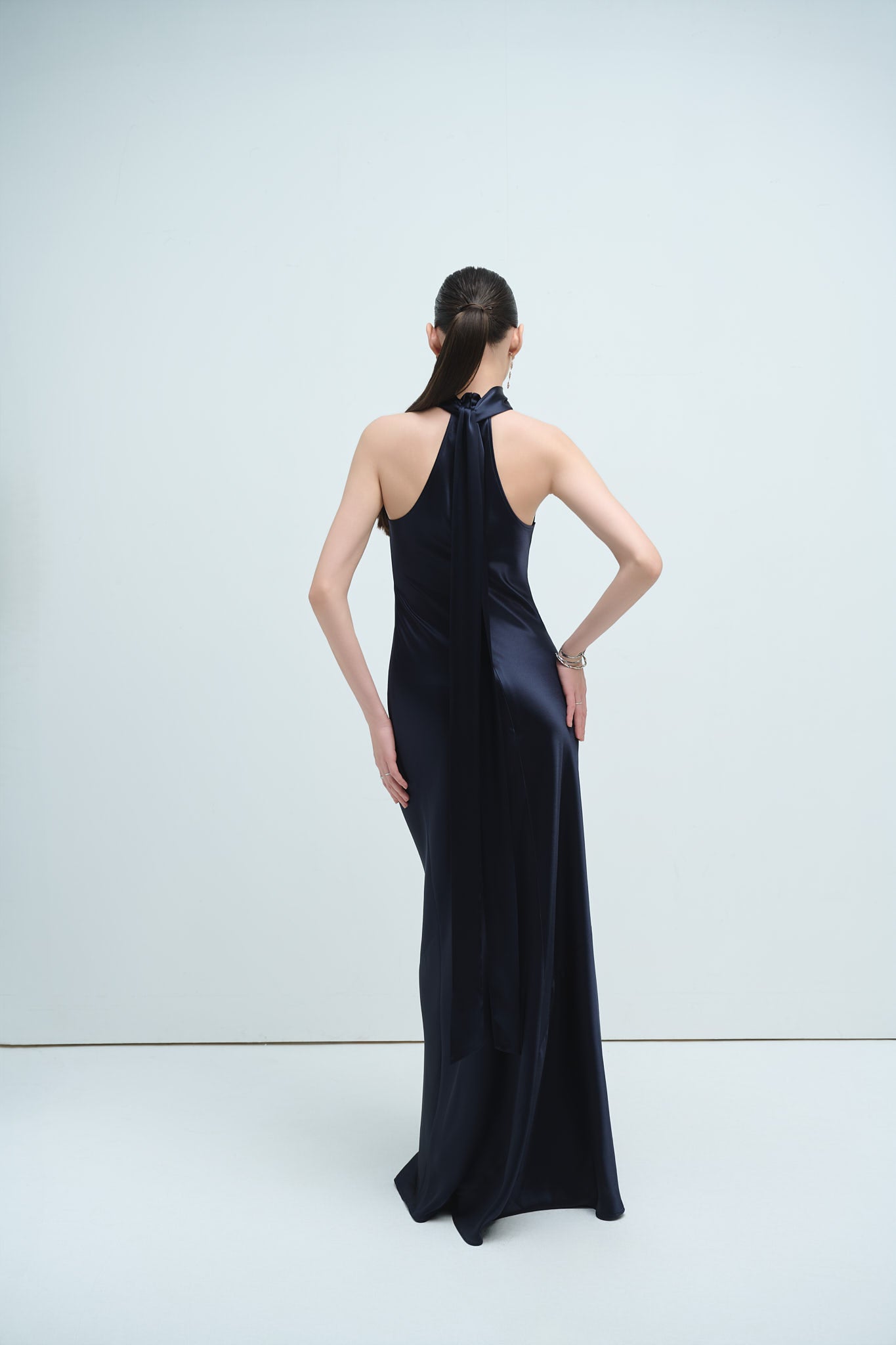 GLORIA HALTERNECK SATIN GOWN - NAVY (PREMIUM LINE)