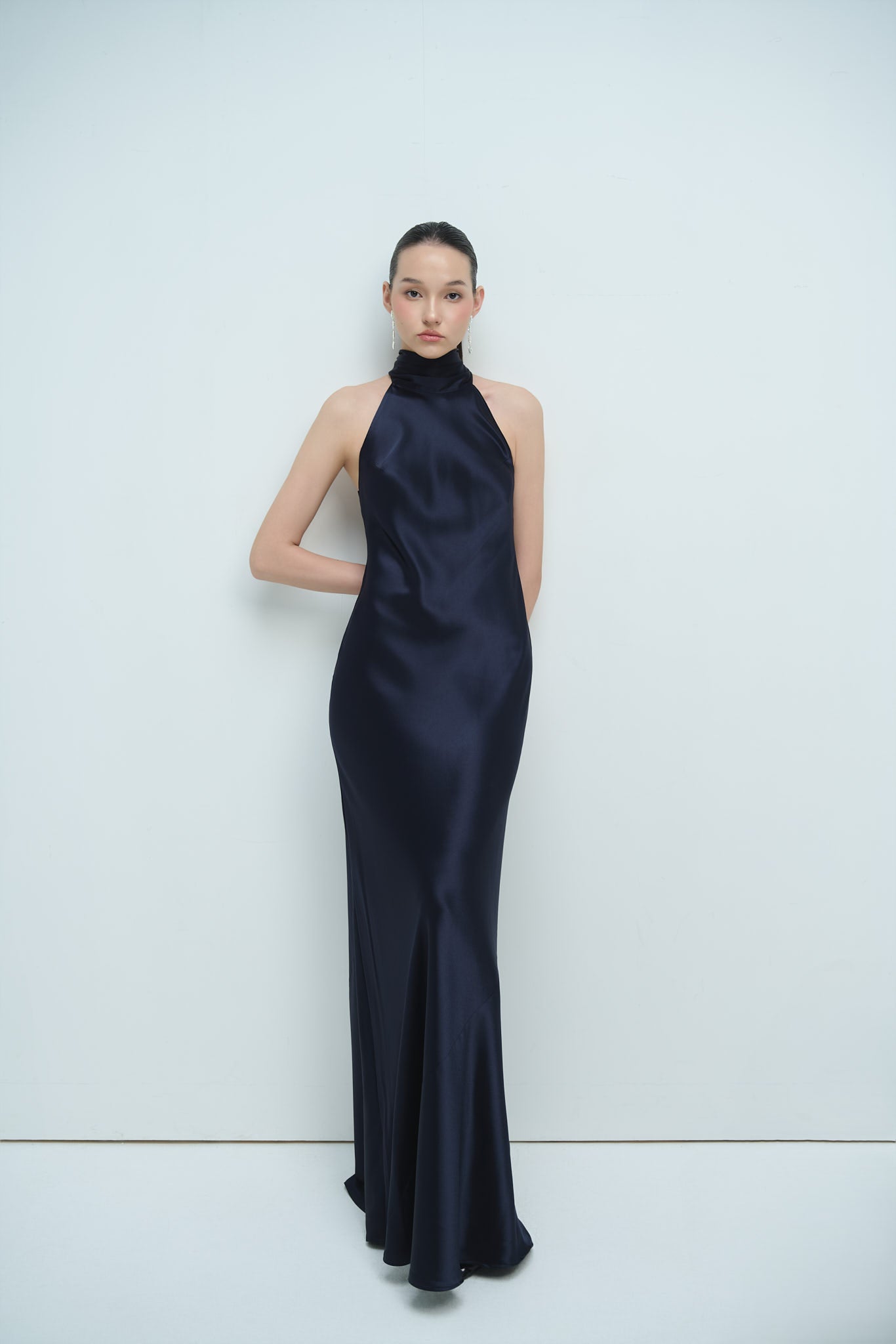 GLORIA HALTERNECK SATIN GOWN - NAVY (PREMIUM LINE)