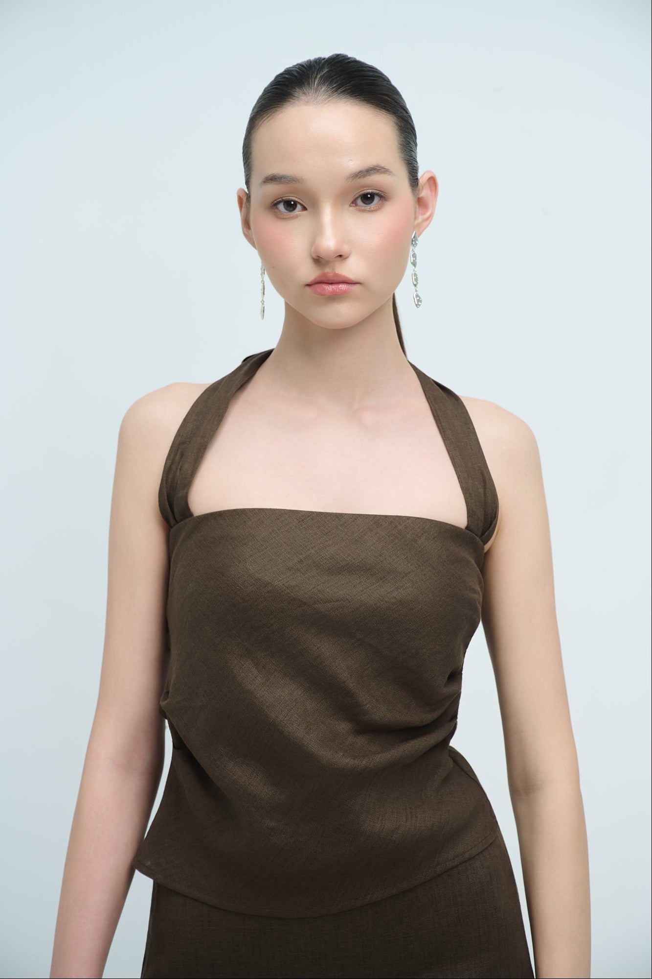 EMMA PLEATED LINEN TOP - BROWN