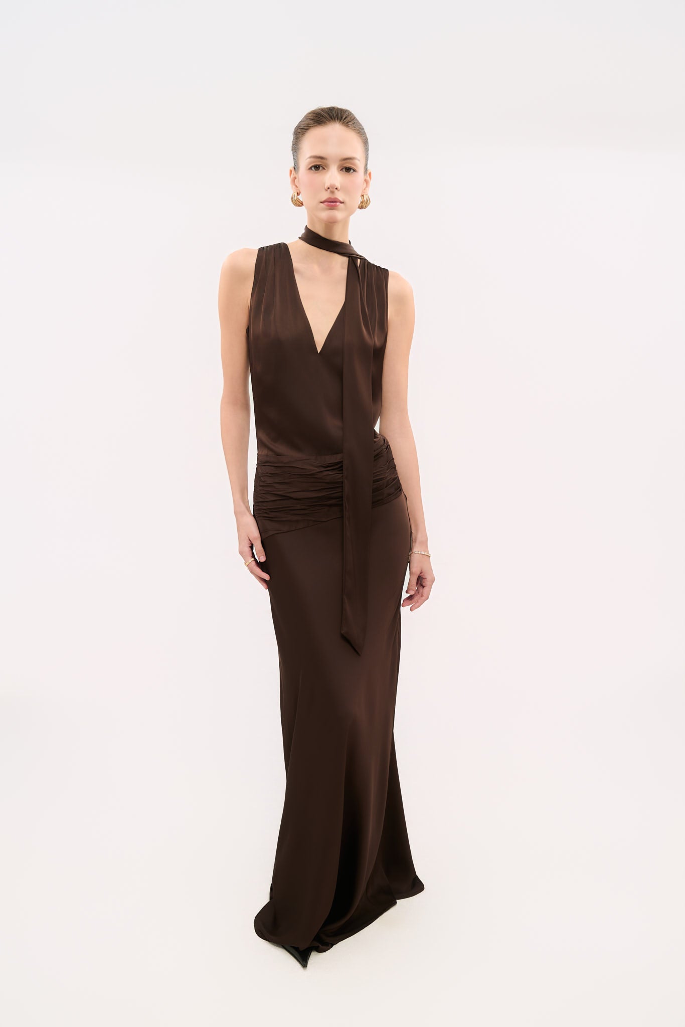 ALMA NECK-TIE SATIN GOWN - DARK BROWN
