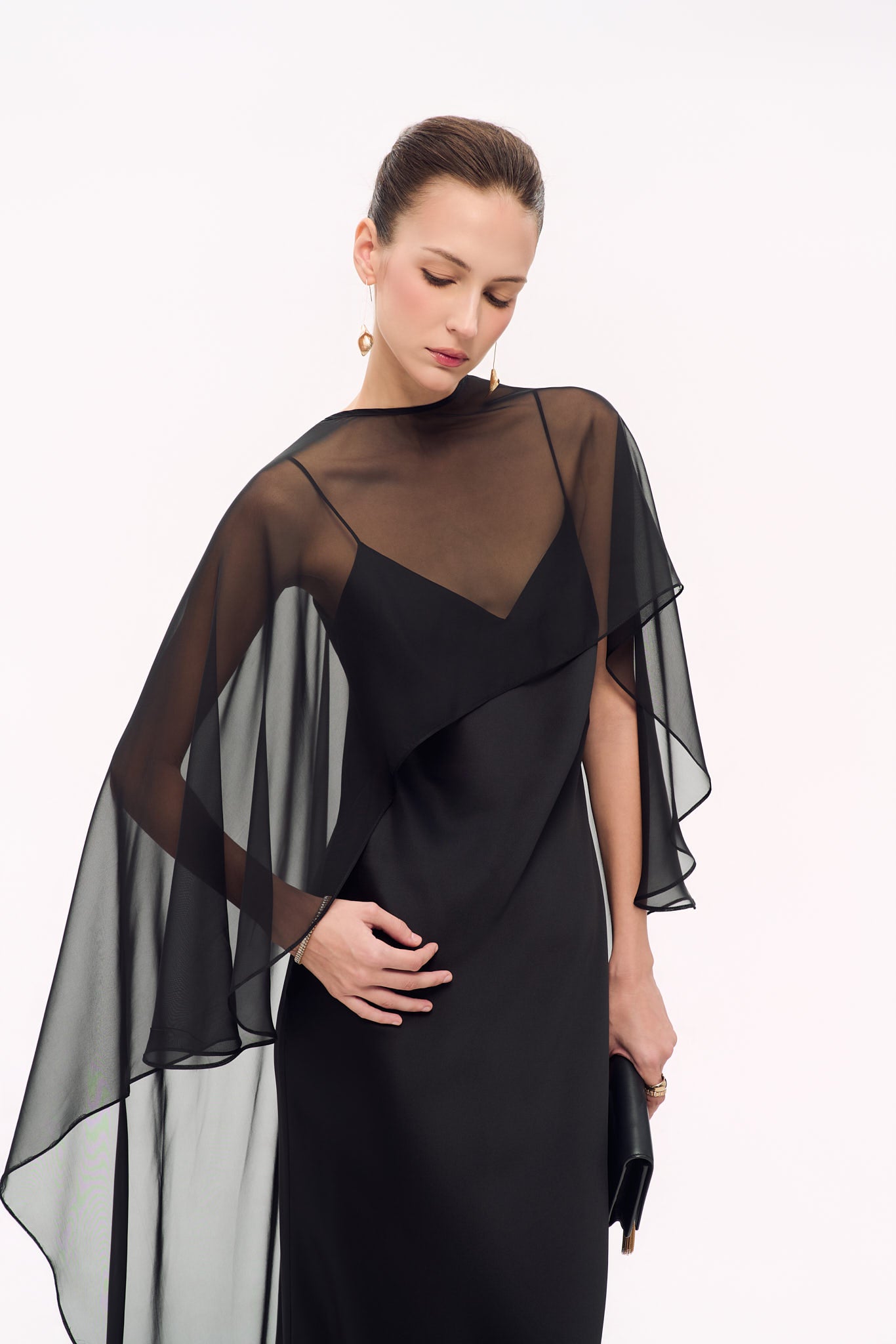 EVELYN CLASSIC SATIN GOWN (WITH SCARF) - BLACK