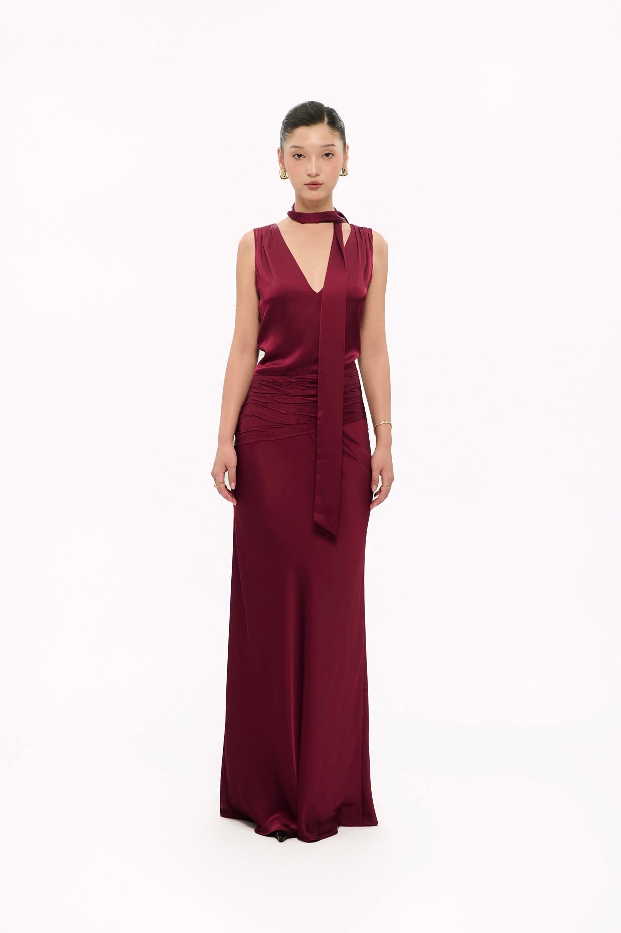 ALMA NECK-TIE SATIN GOWN - DARK RED