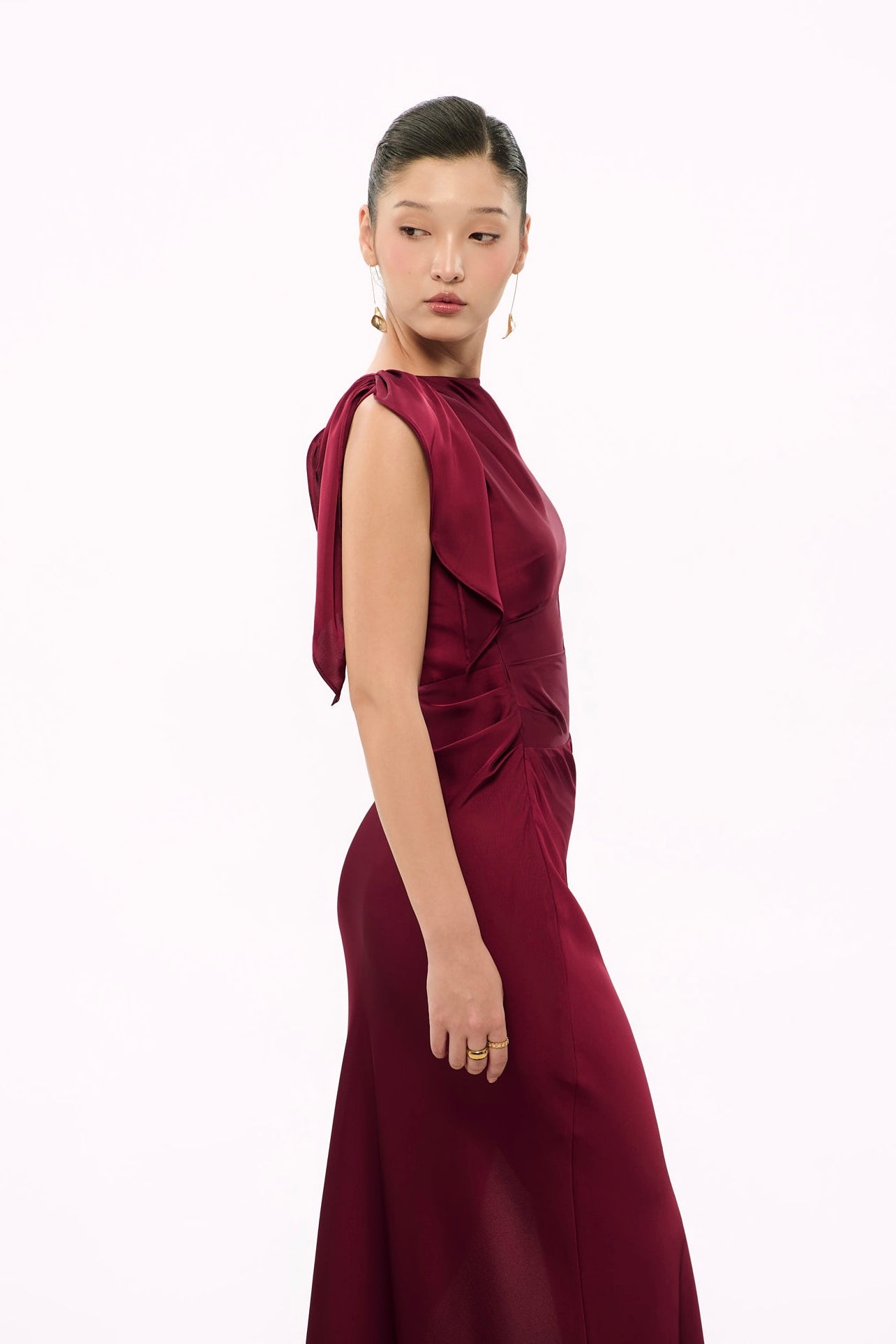 CECILIA SHOULDER-BOW SATIN GOWN - DARK RED