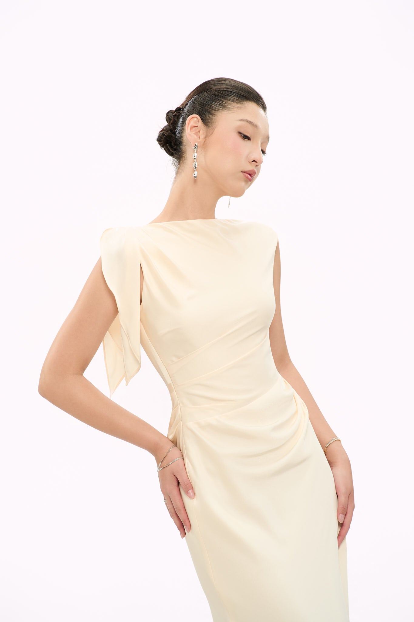 CECILIA SHOULDER-BOW SATIN GOWN - VANILLA