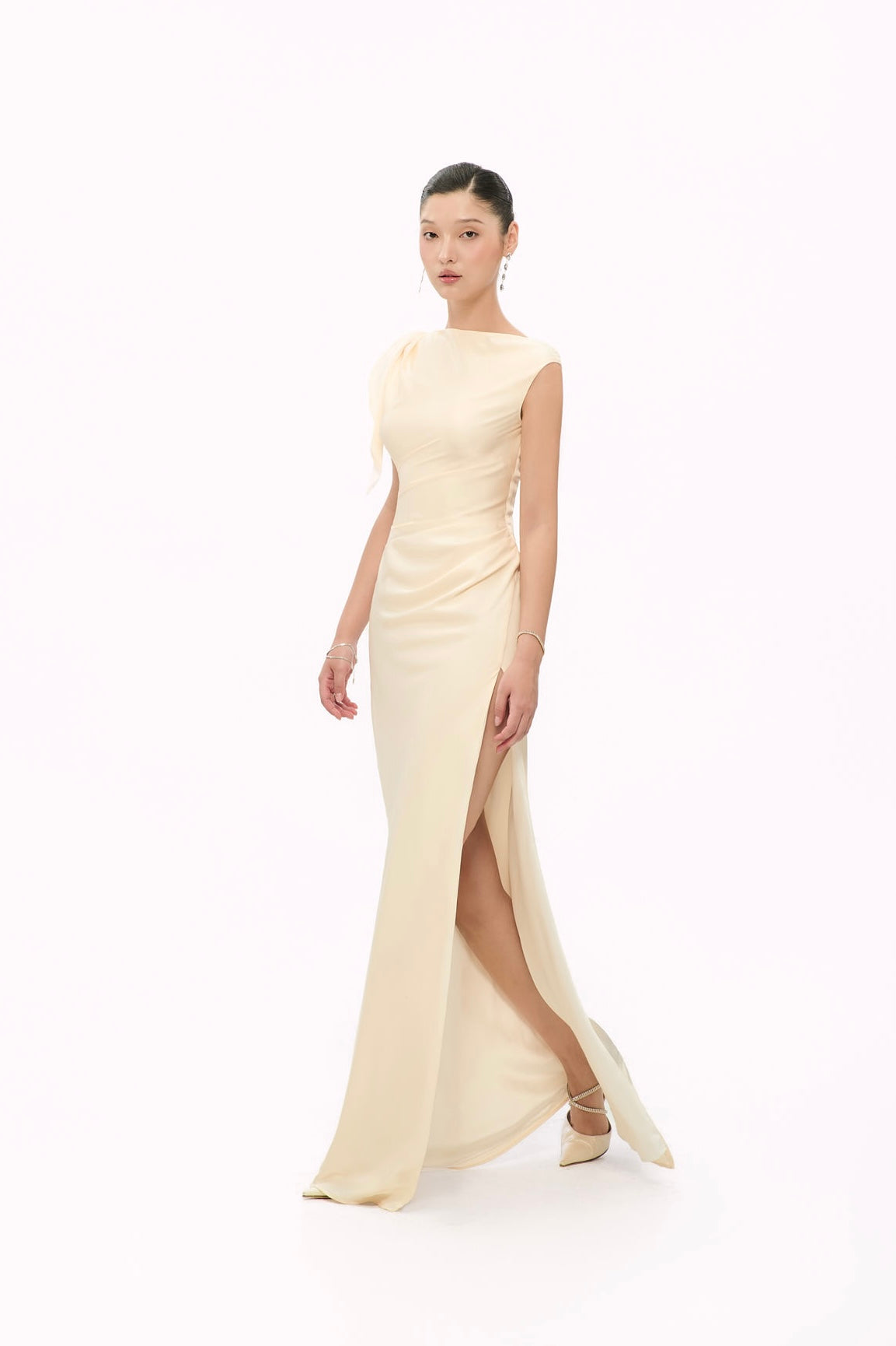 CECILIA SHOULDER-BOW SATIN GOWN - VANILLA