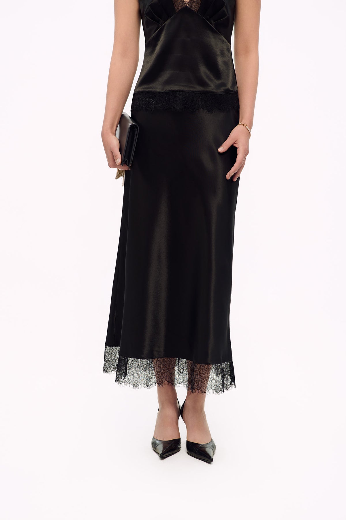 LACE SATIN MIDI SKIRT - BLACK