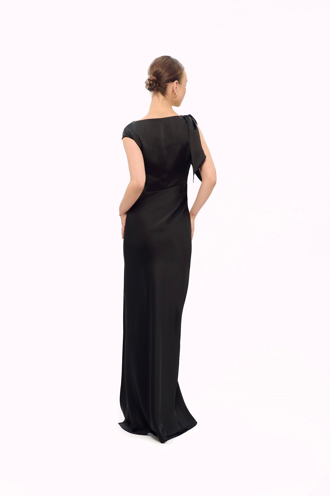 CECILIA SHOULDER-BOW SATIN GOWN - BLACK