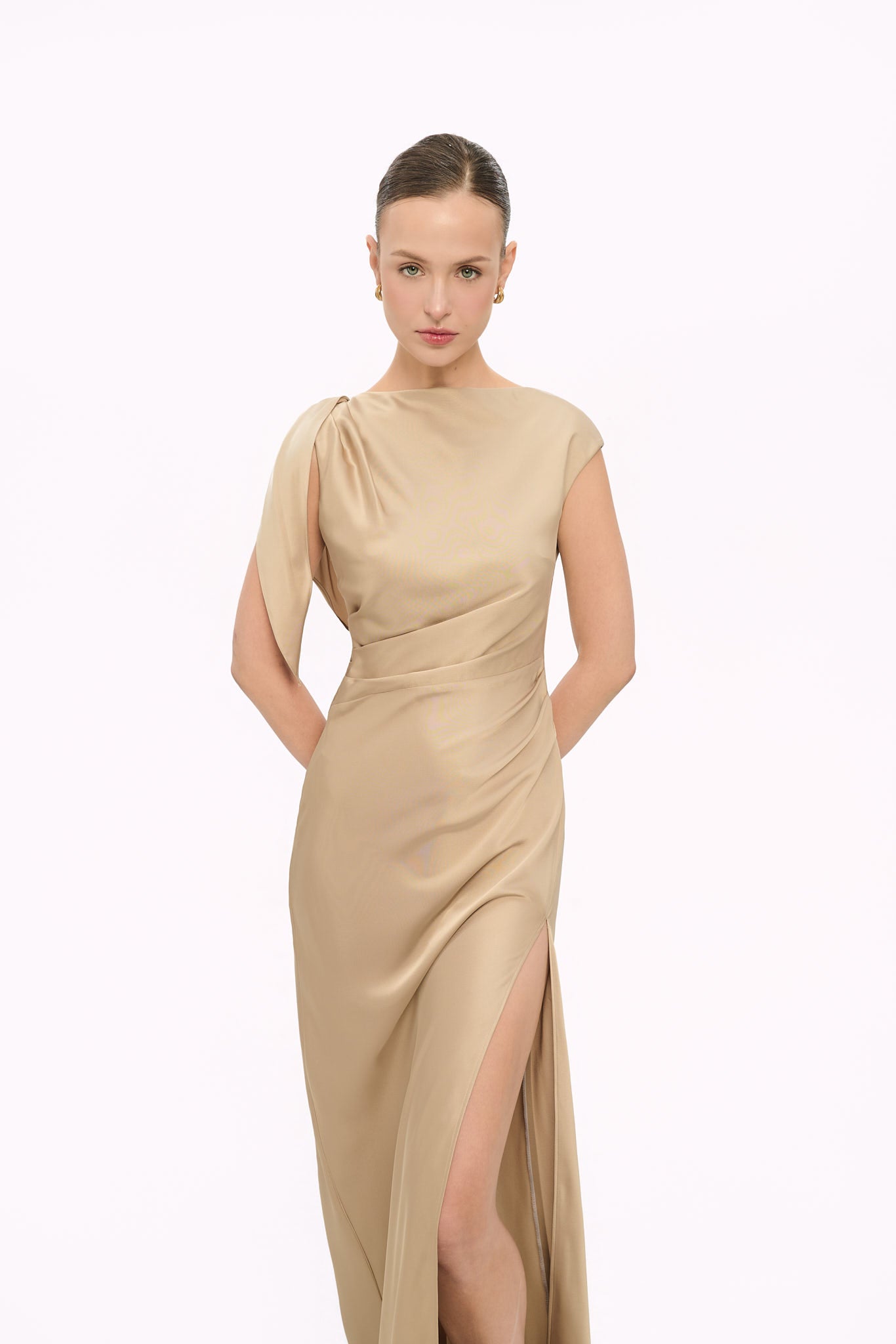 CECILIA SHOULDER-BOW SATIN GOWN - CHAMPAGNE