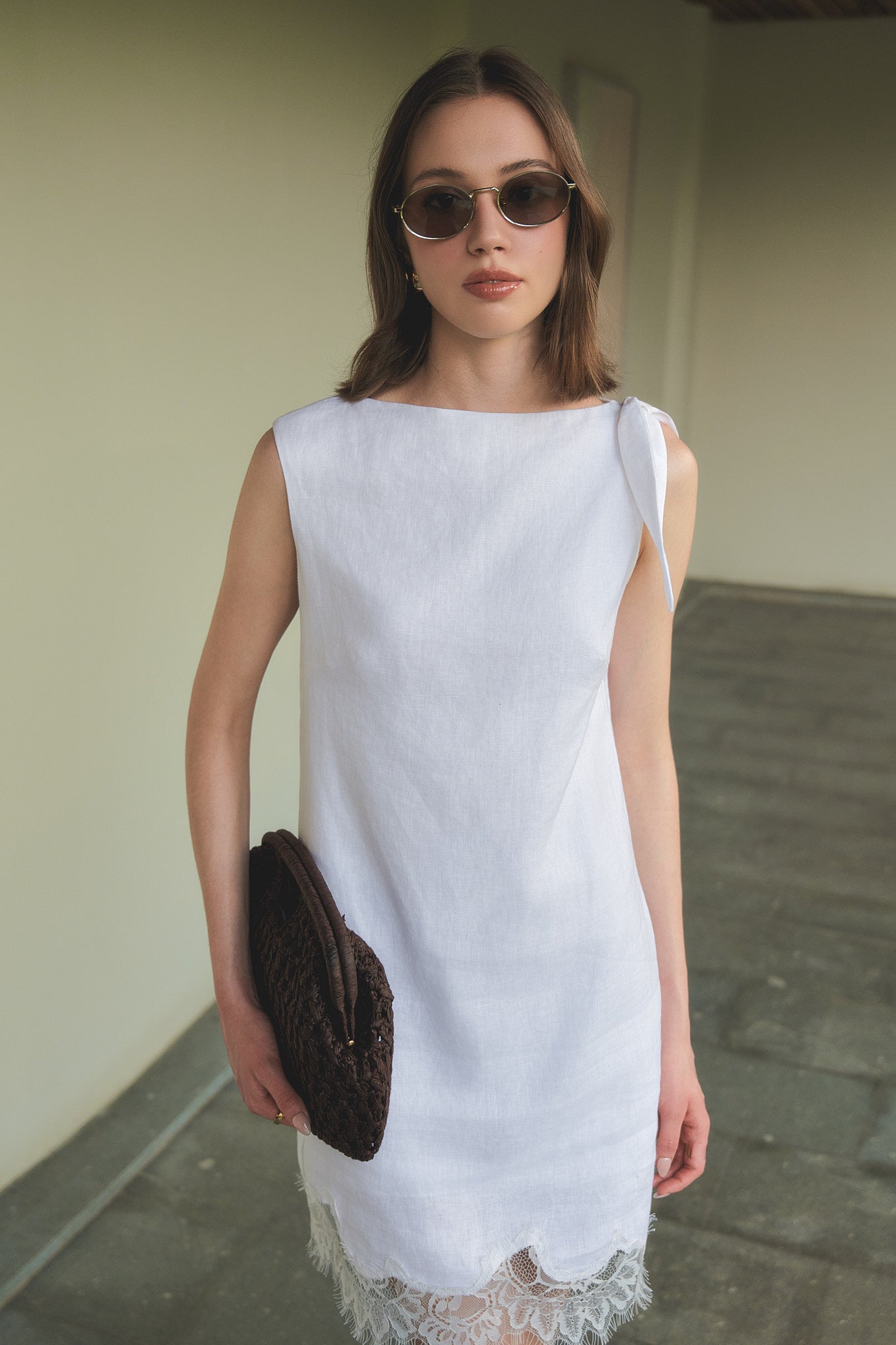 CECILIA LACE LINEN MINI DRESS - WHITE