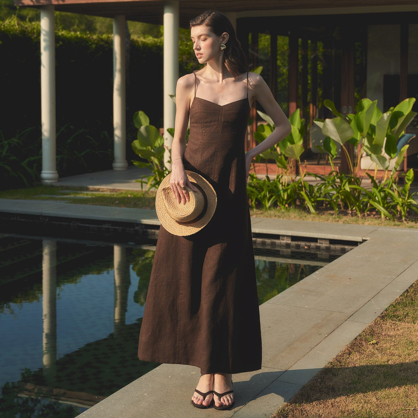 BELLE CAMI LINEN DRESS - DARK BROWN