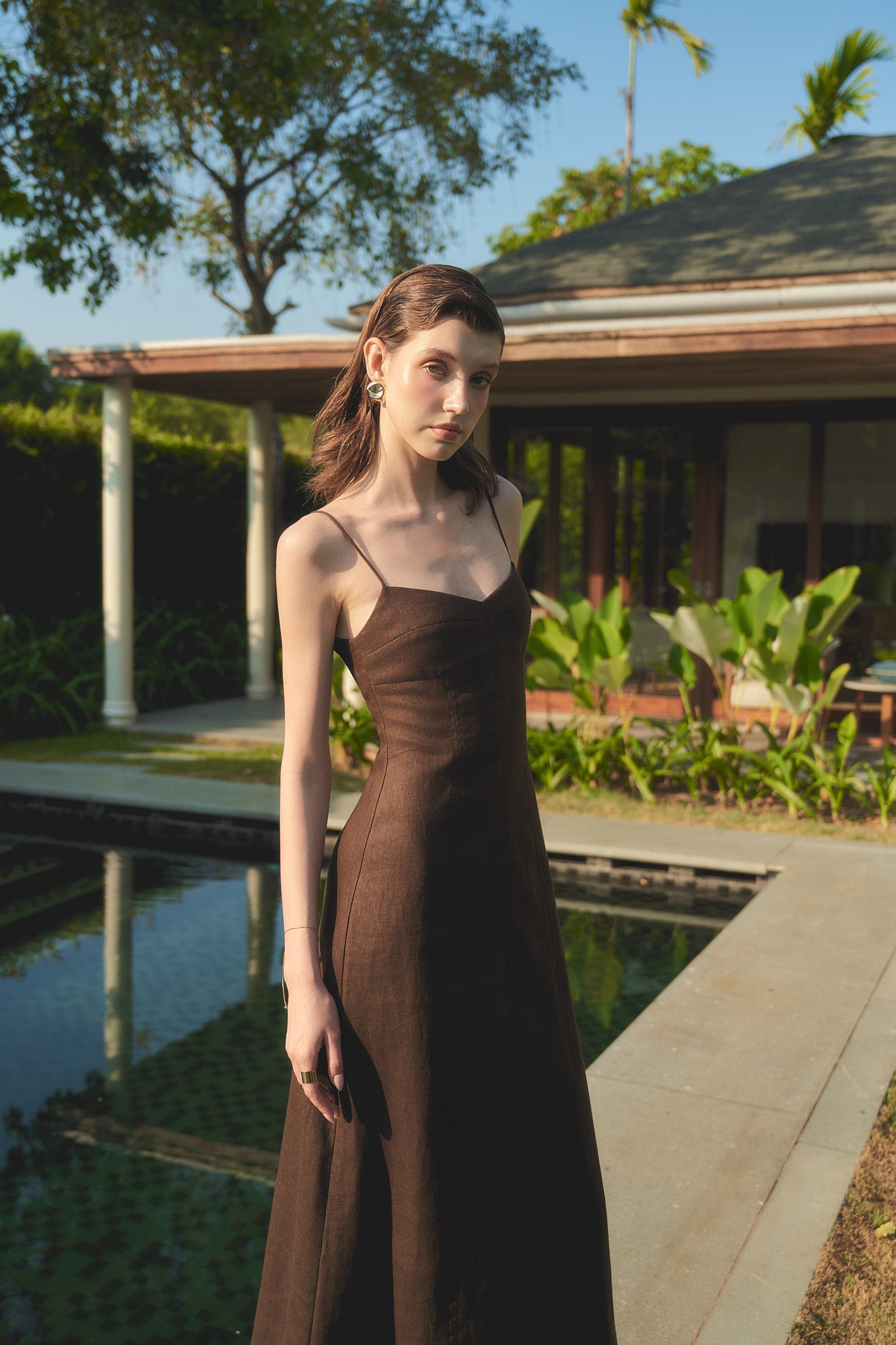 BELLE CAMI LINEN DRESS - DARK BROWN