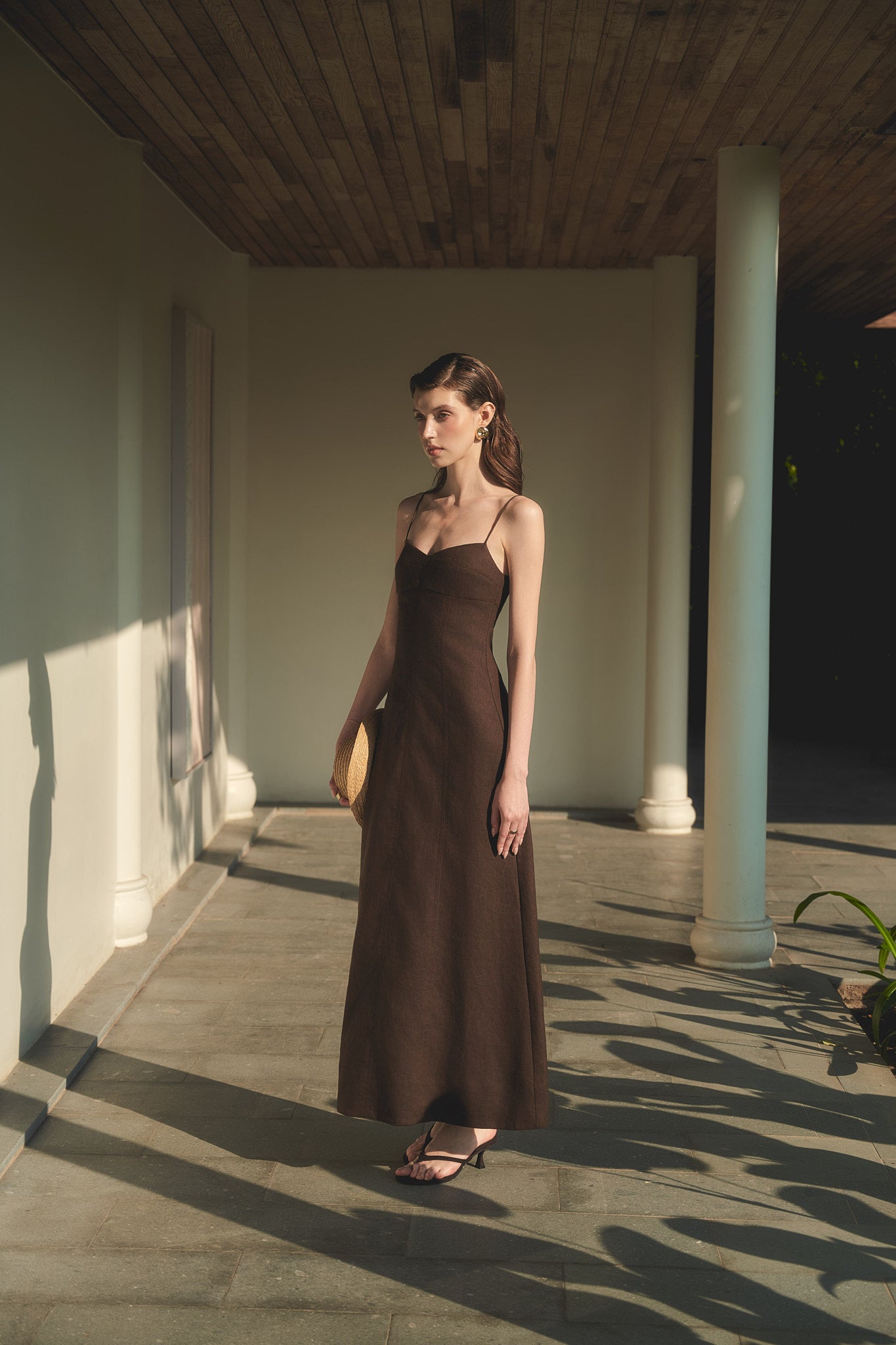 BELLE CAMI LINEN DRESS - DARK BROWN