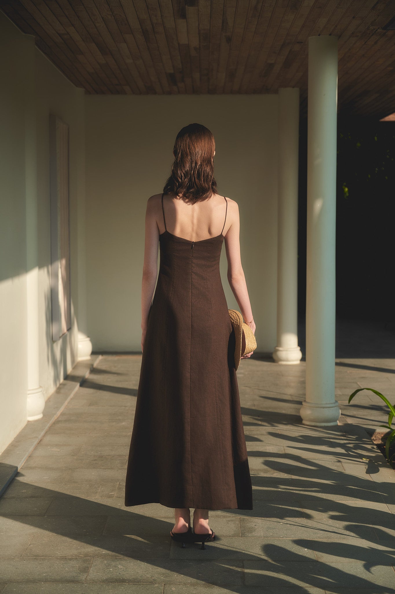 BELLE CAMI LINEN DRESS - DARK BROWN